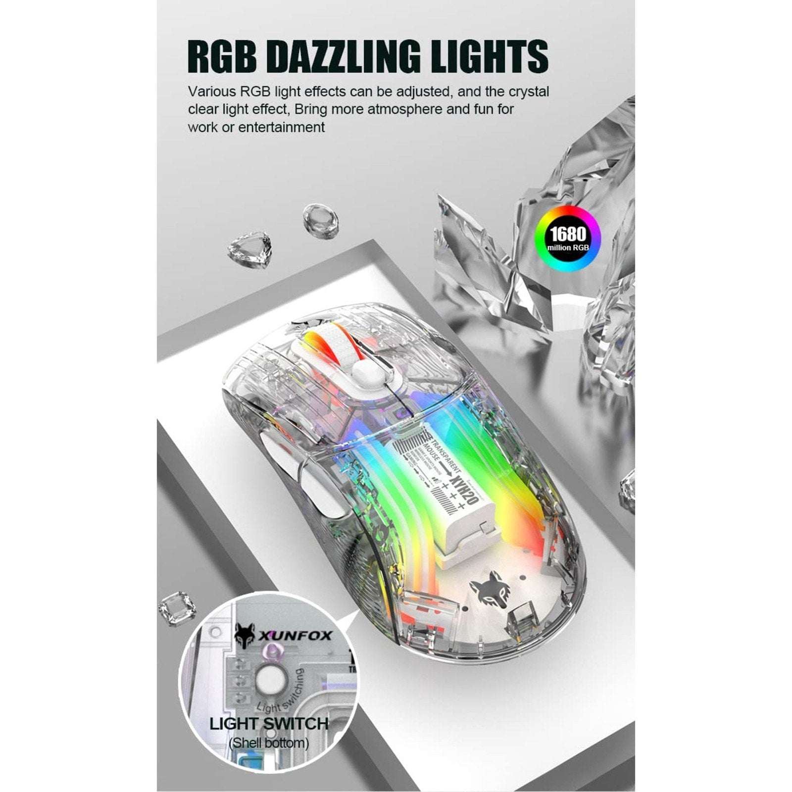 Transparent RGB Bluetooth Wireless Gaming Mouse, Dual Mode USB Computer Mouse