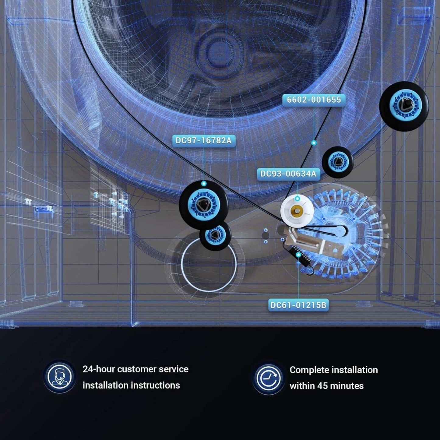 Samsung DV40J3000EW/A2 DV42H5000EW/A3 Dryer Drum Belt Pulley & Rollers Kit