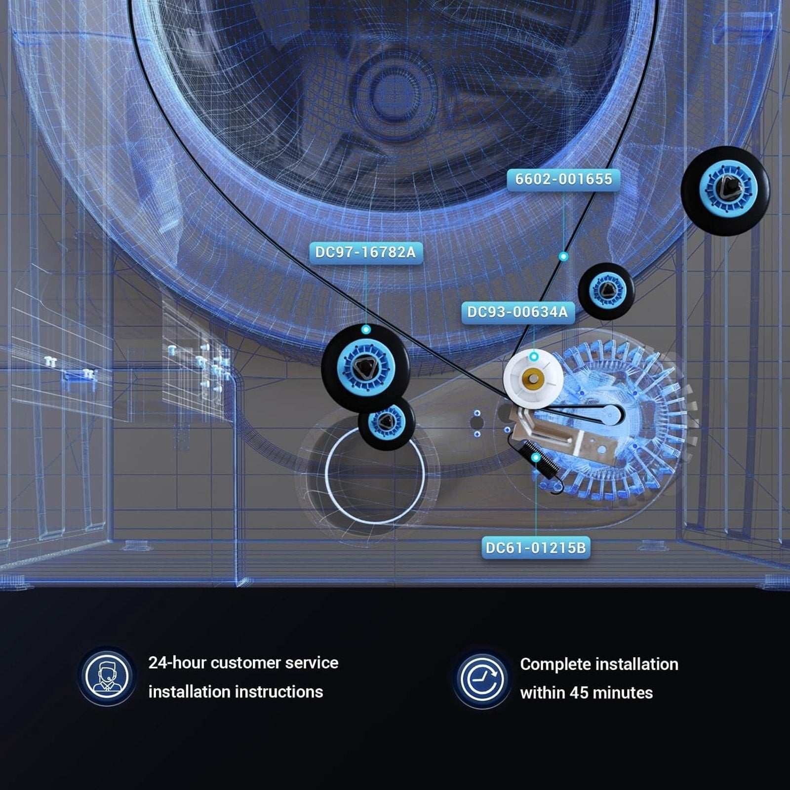 Samsung DV40J3000EW/A2 DV42H5000EW/A3 Dryer Drum Belt Pulley & Rollers Kit