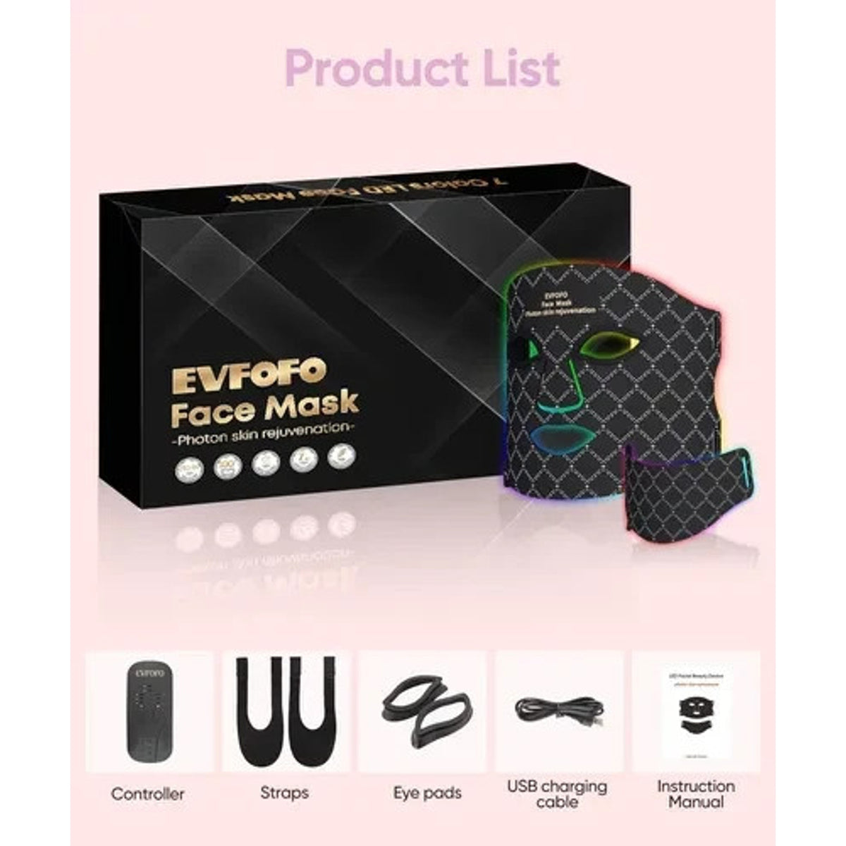 EVFOFO Therapy Mask for Face & Neck , Blue Red Light Therapy Mask, 7 Colors