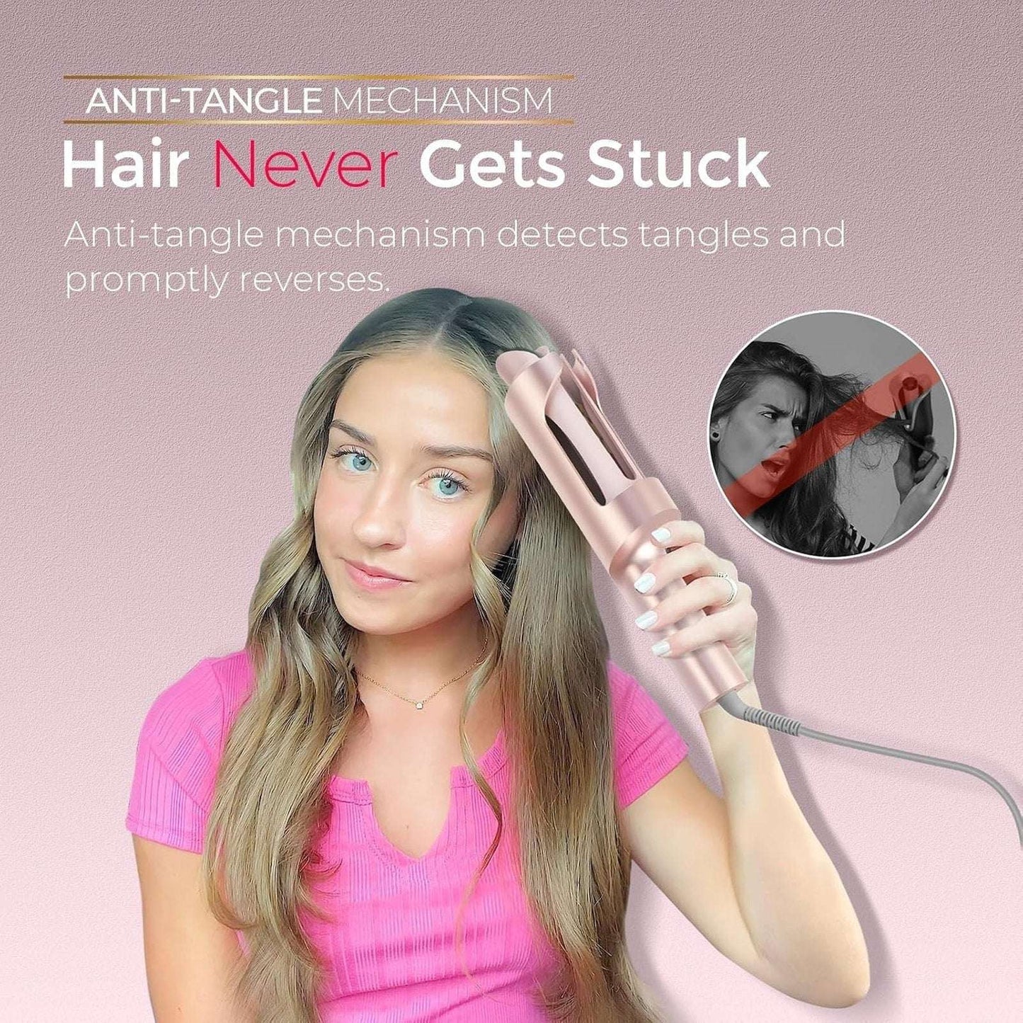 TYMO CURLPRO PLUS 1.25" Automatic Rotating Curling Iron Wand Beach Waves - Pink