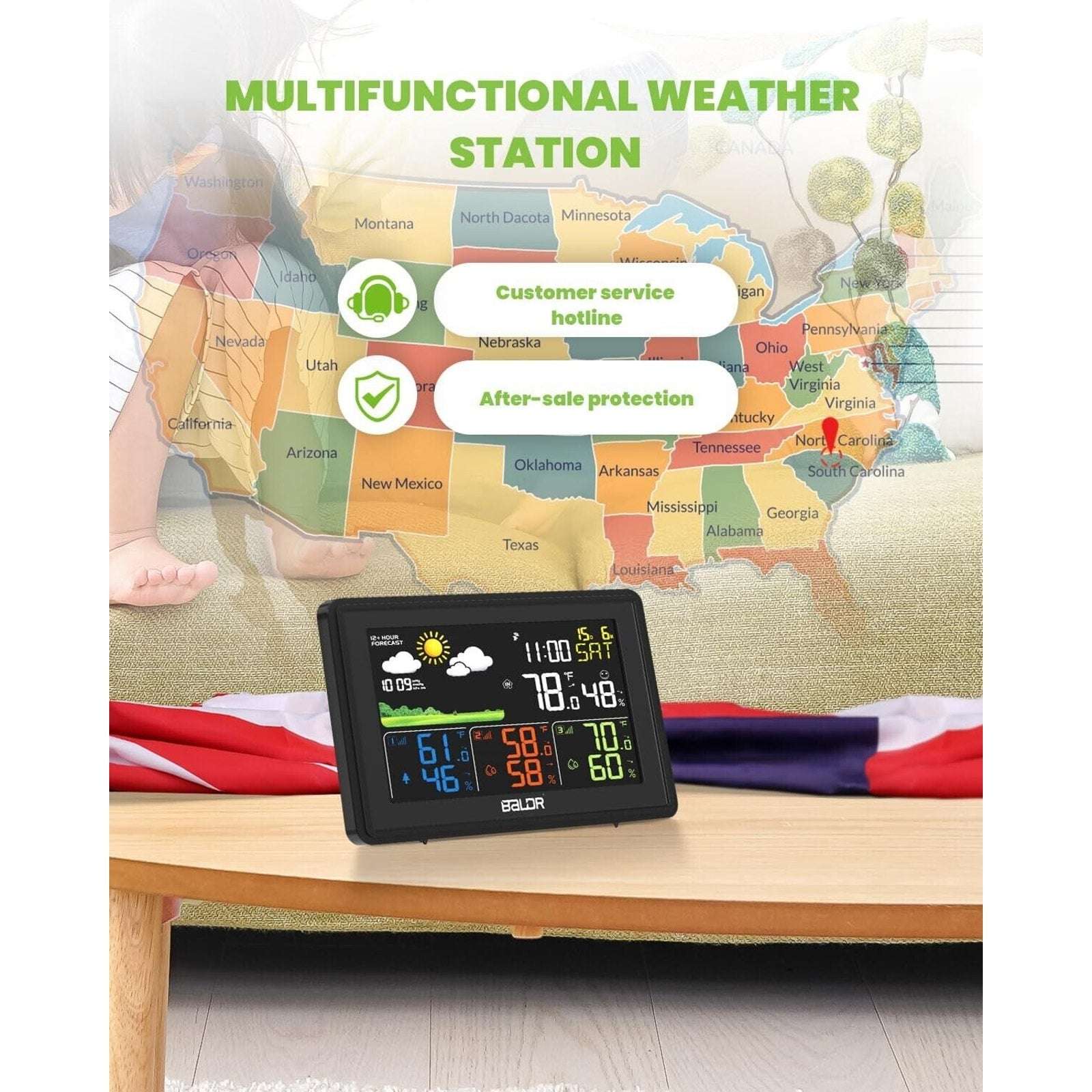 BALDR Weather Station Wireless In/Outdoor Temperature & Humidity 3 Remote Sensor