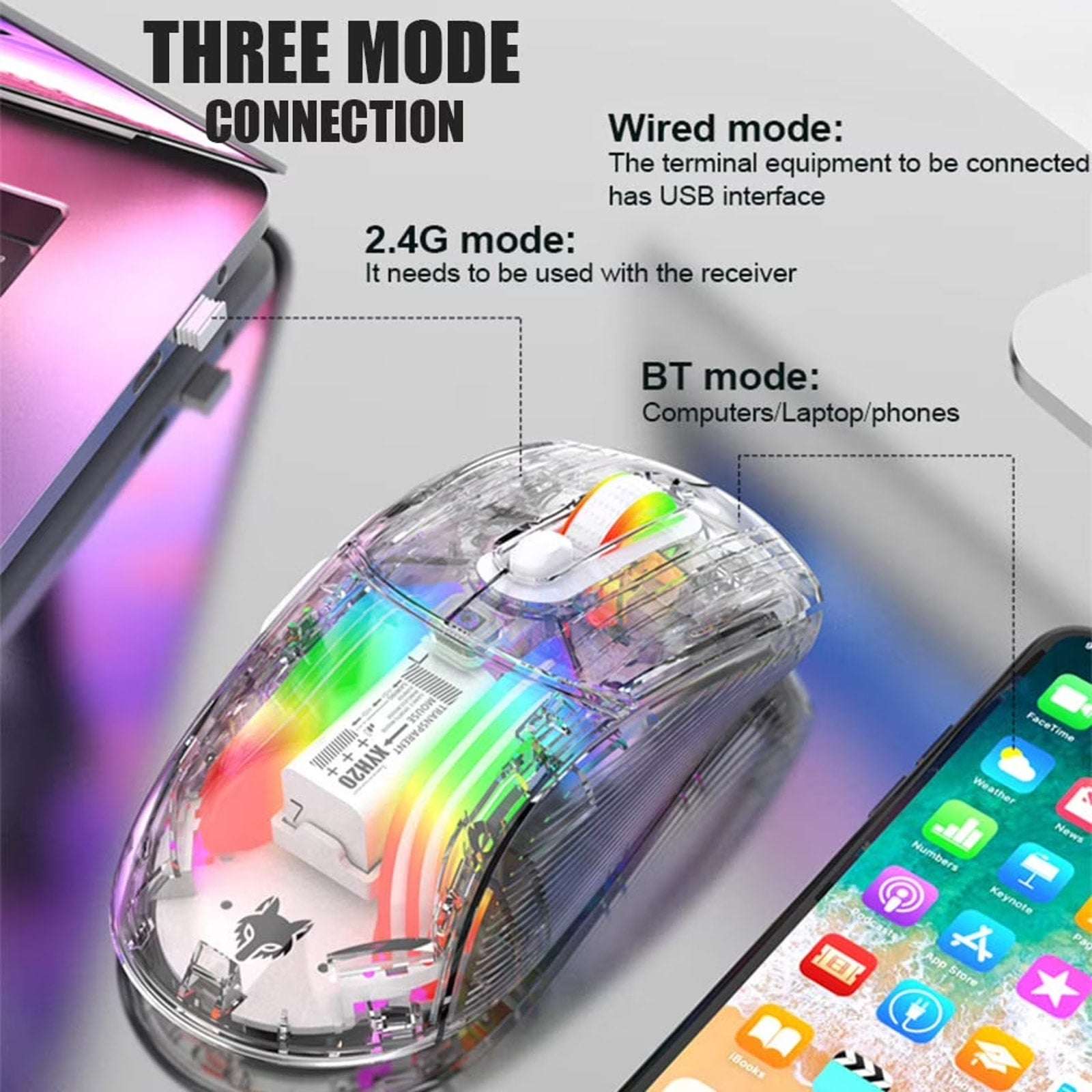 Transparent RGB Bluetooth Wireless Gaming Mouse, Dual Mode USB Computer Mouse