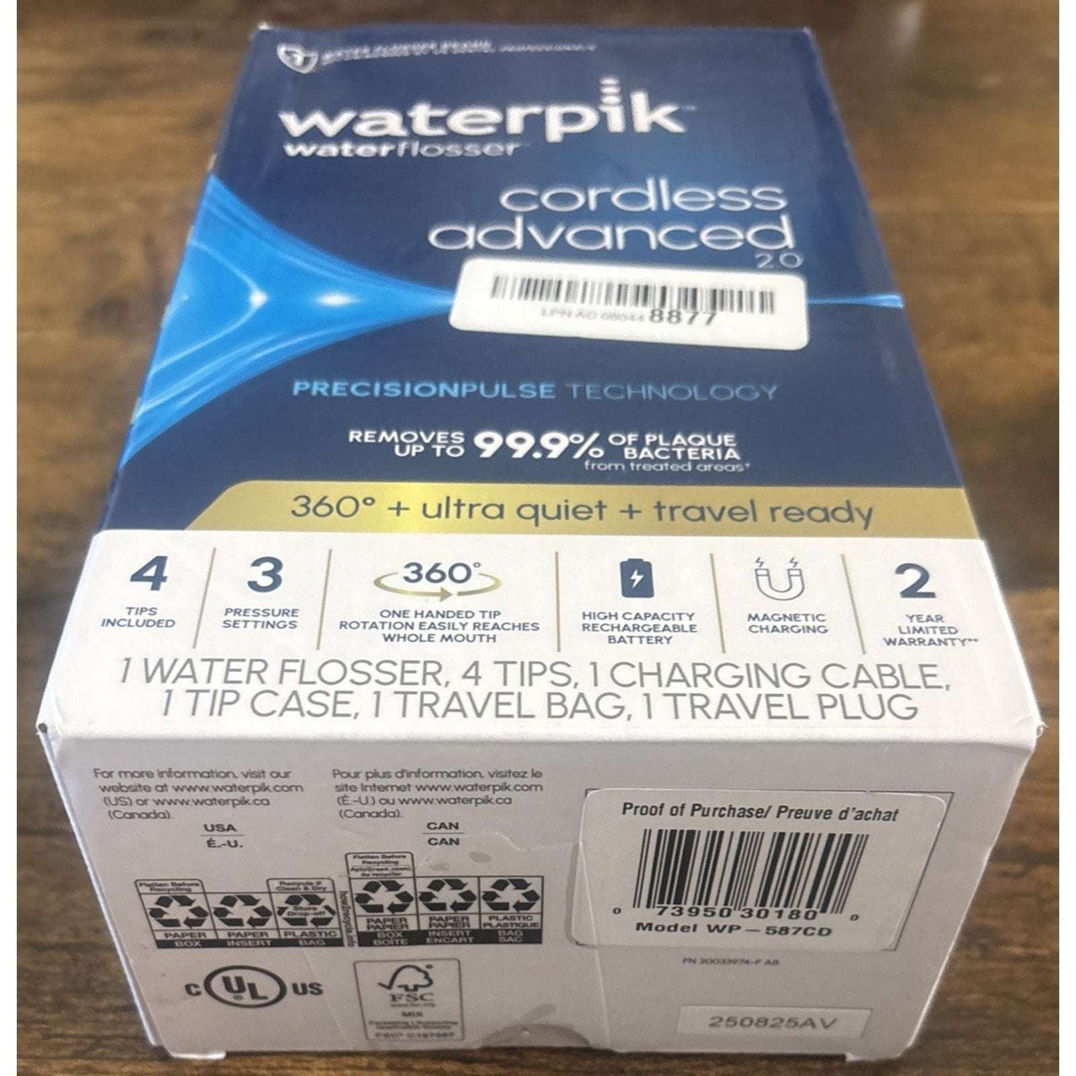 Waterpik Cordless Advanced 2.0 Water Flosser Gray Rechargeable - WP587CD NEW