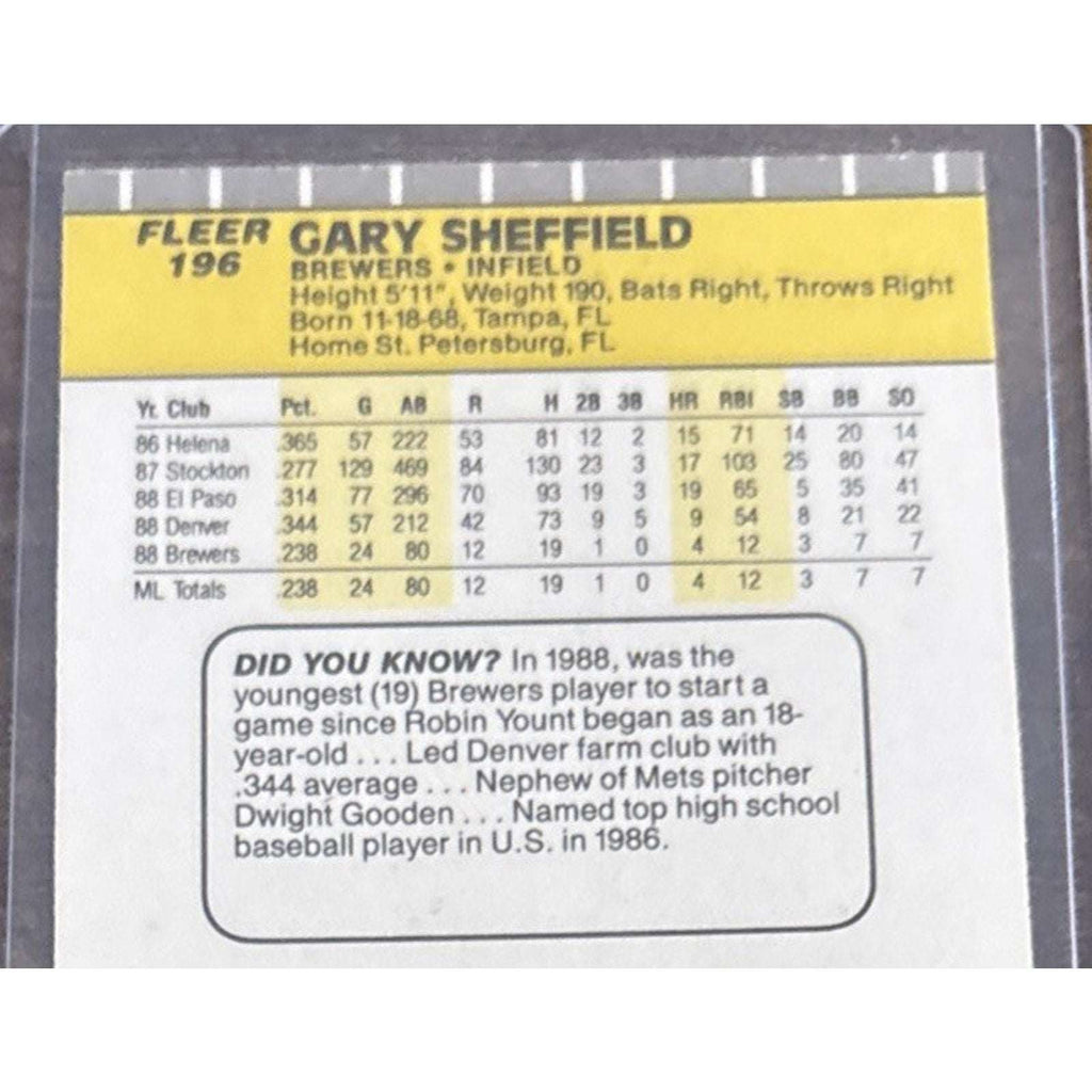1989 FLEER #196 GARY SHEFFIELD - BREWERS - From Pack to Sleeve - MLB Baseball
