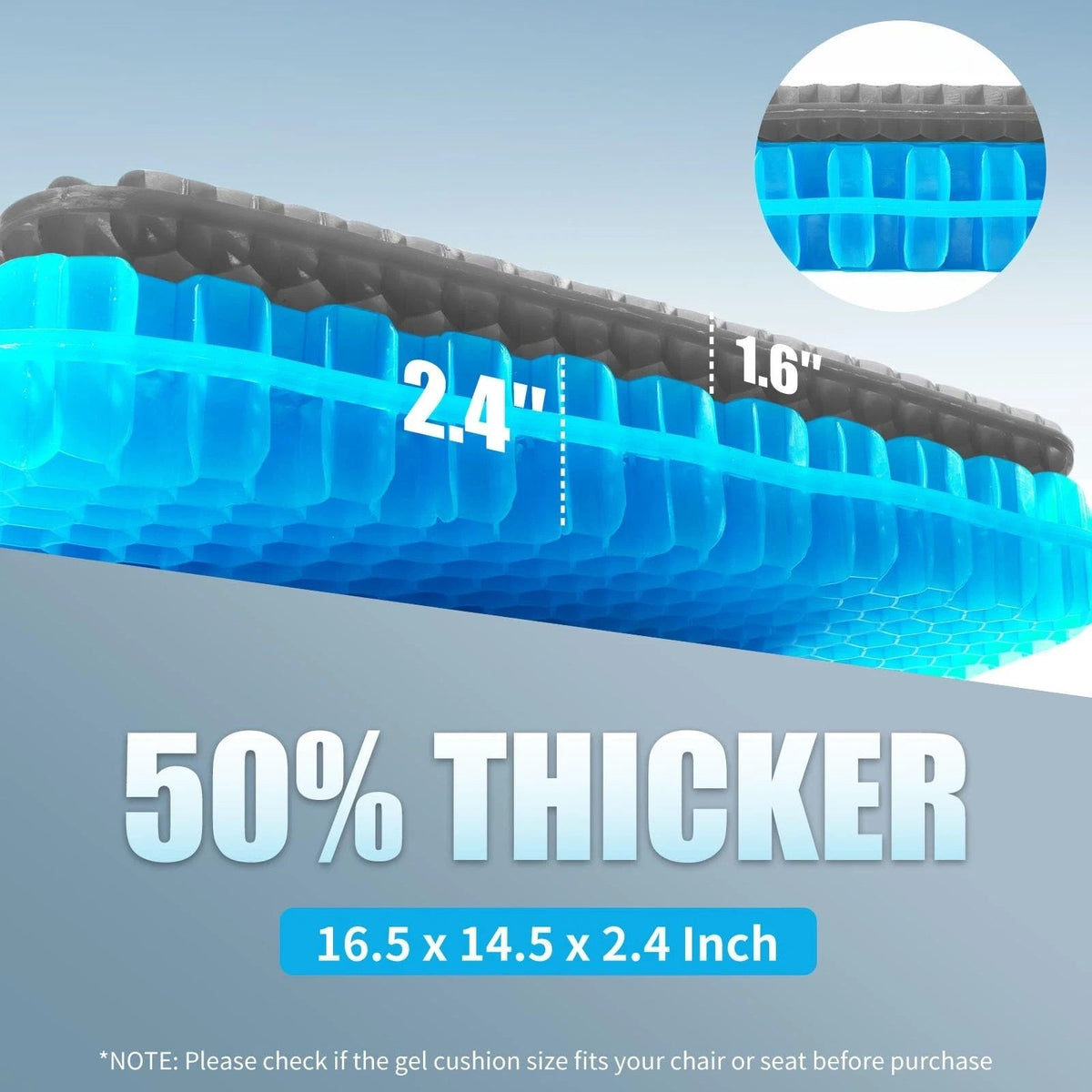 Gel Seat Cushion Long Sitting 16.5" x 14.5" x 2.4" Extra Thick Pressure Relief