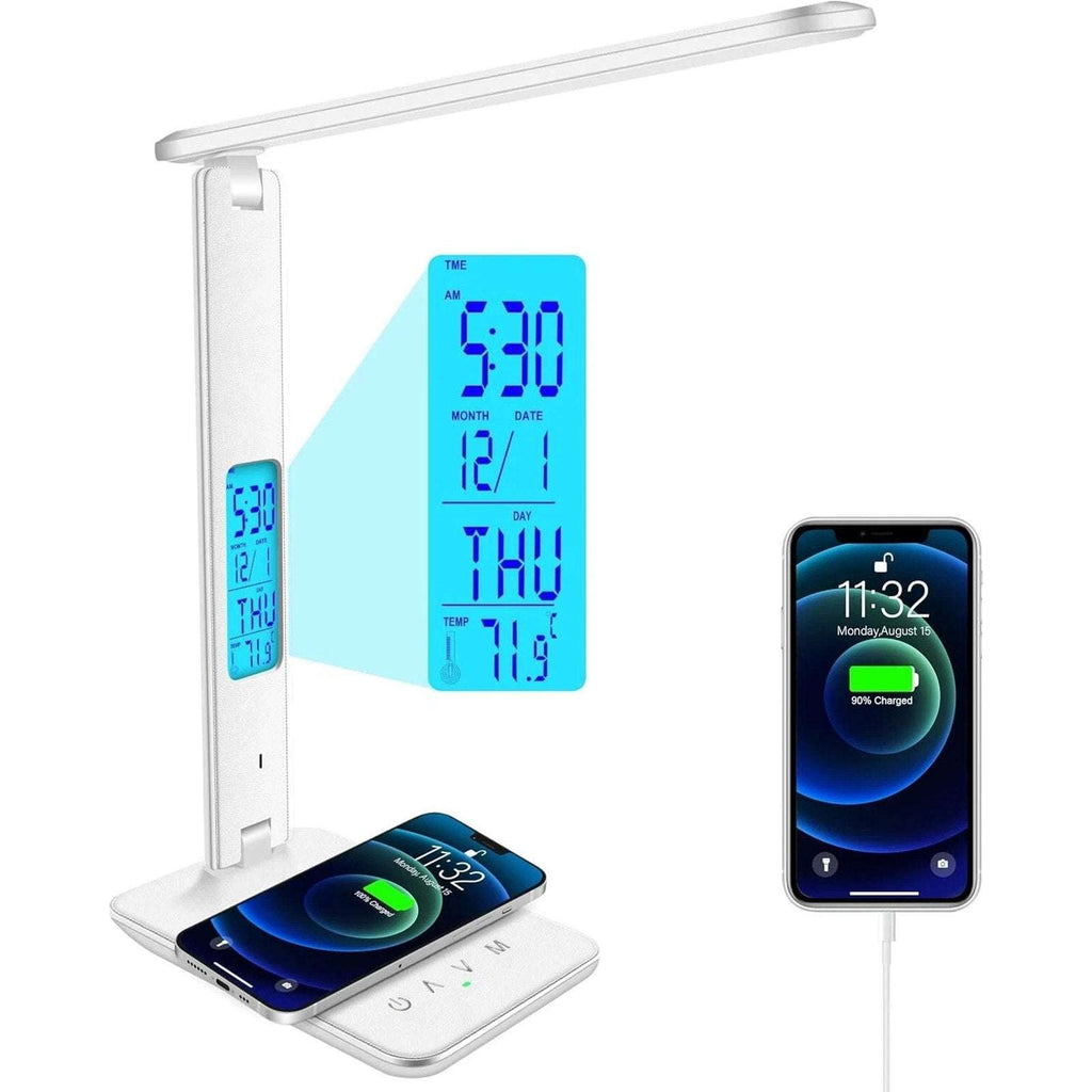 LED Desk Lamp w/ Wireless Charger & USB Charging 2 Devices @ Once Clock Calendar
