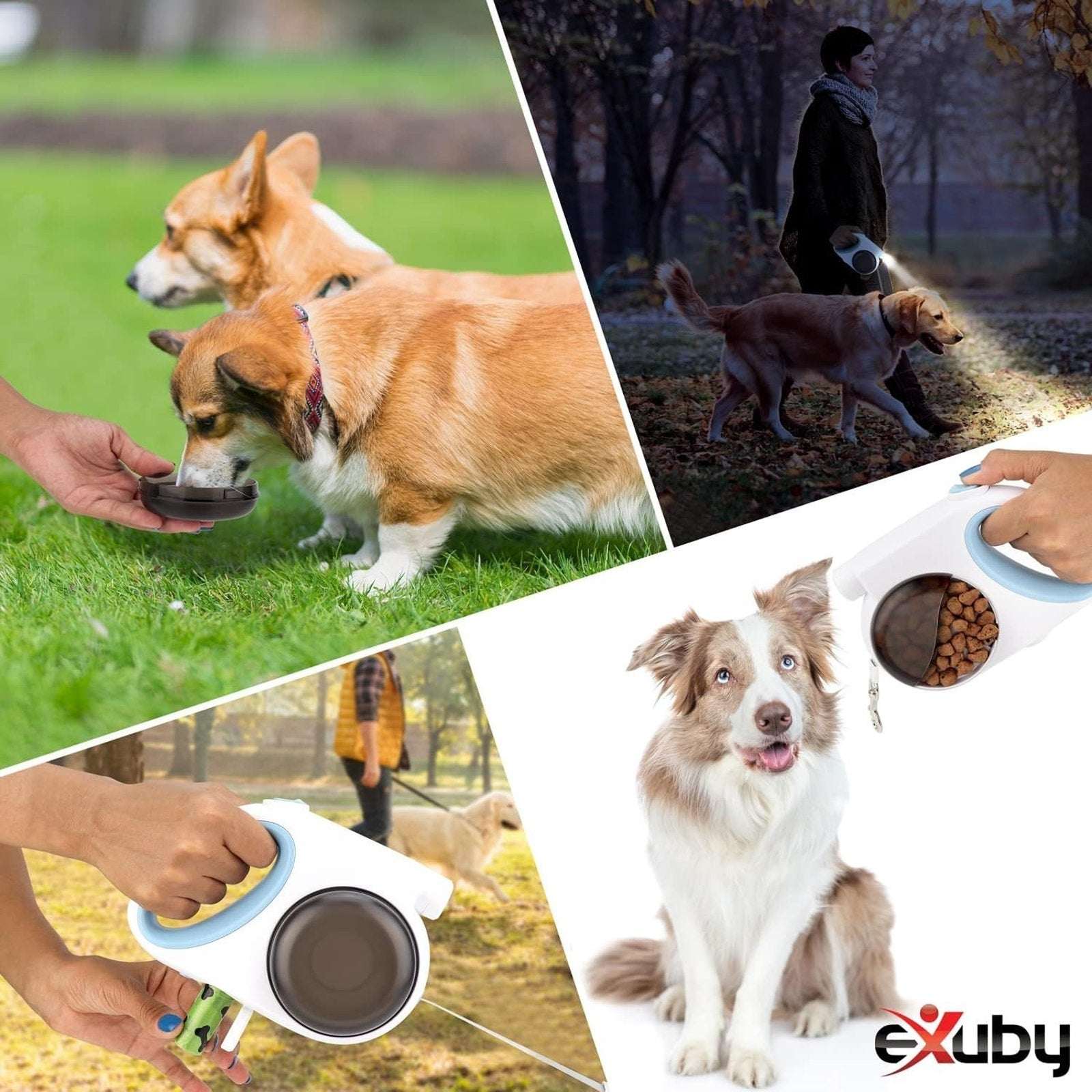 5in1 Retractable Dog Leash w/ Rechargeable LED Light, Poop Bag Holder +2 Bowls