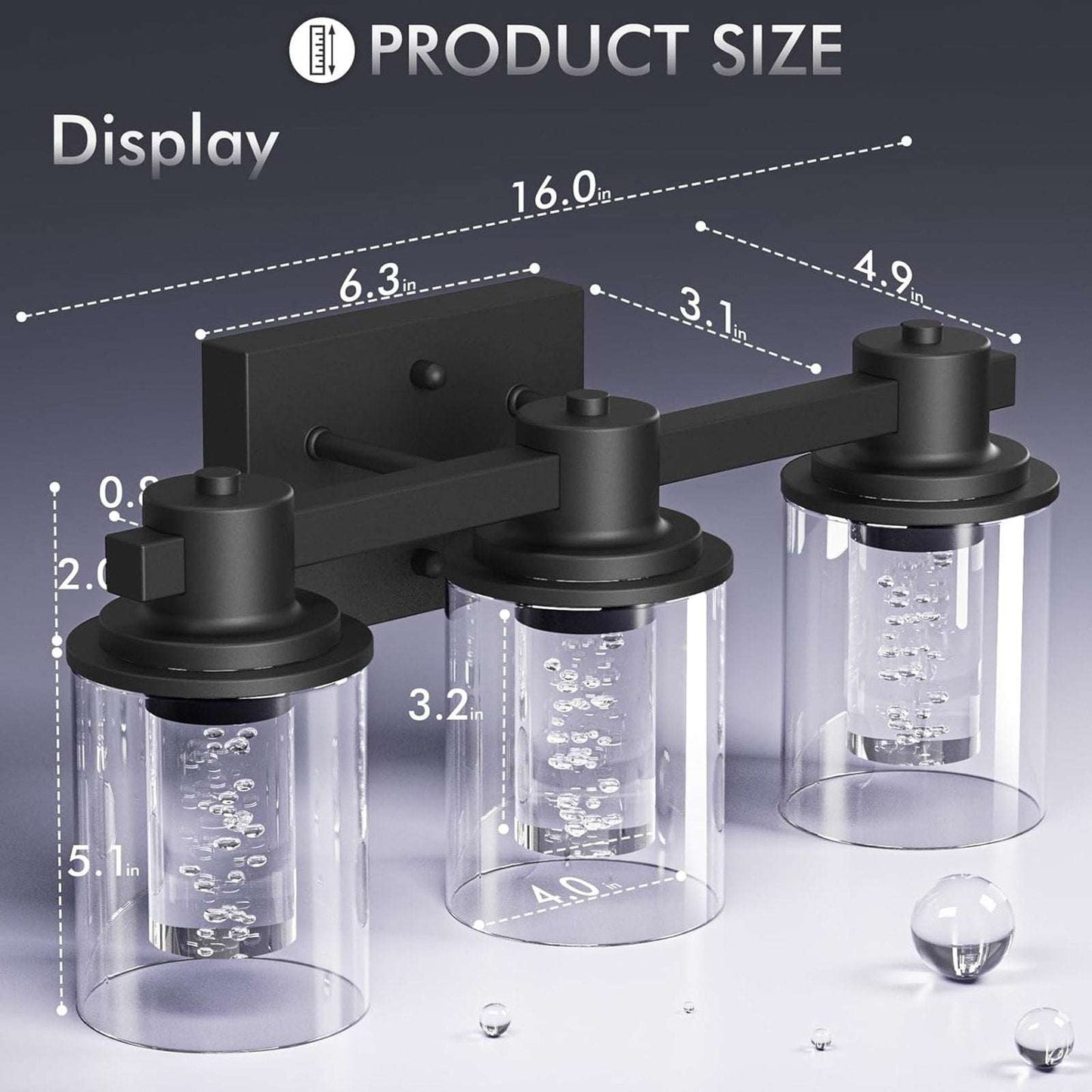Bathroom Vanity Light Fixture 3-Light Dimmable Black, Crystal with Bubble Bulbs