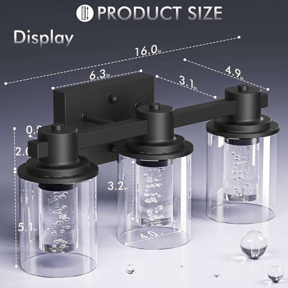 Bathroom Vanity Light Fixture 3-Light Dimmable Black, Crystal with Bubble Bulbs