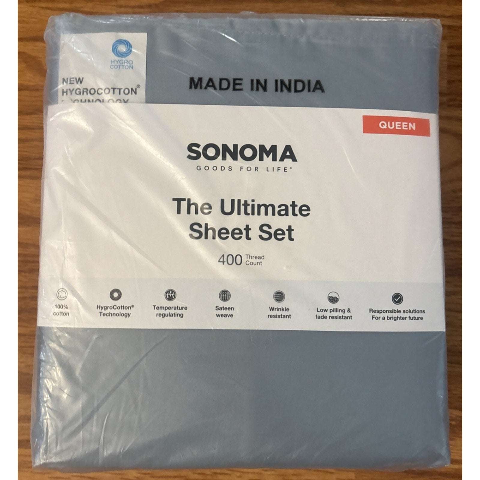 SONOMA ULTIMATE HYGROCOTTON 4PC SHEET SET 400TC Temp Regulating DUSTY BLUE QUEEN
