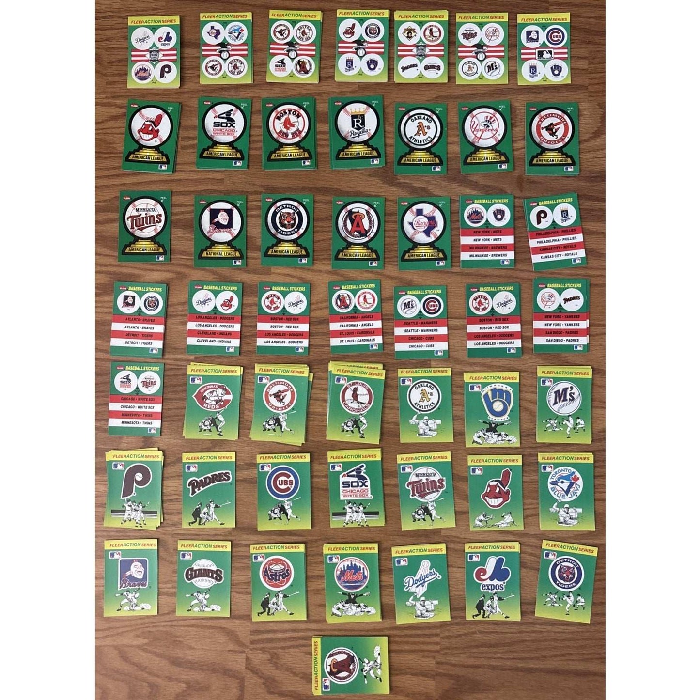 124Pcs 1990 Fleer MLB Baseball Teams Logo Stickers + Fleer Action Cards +Smalls