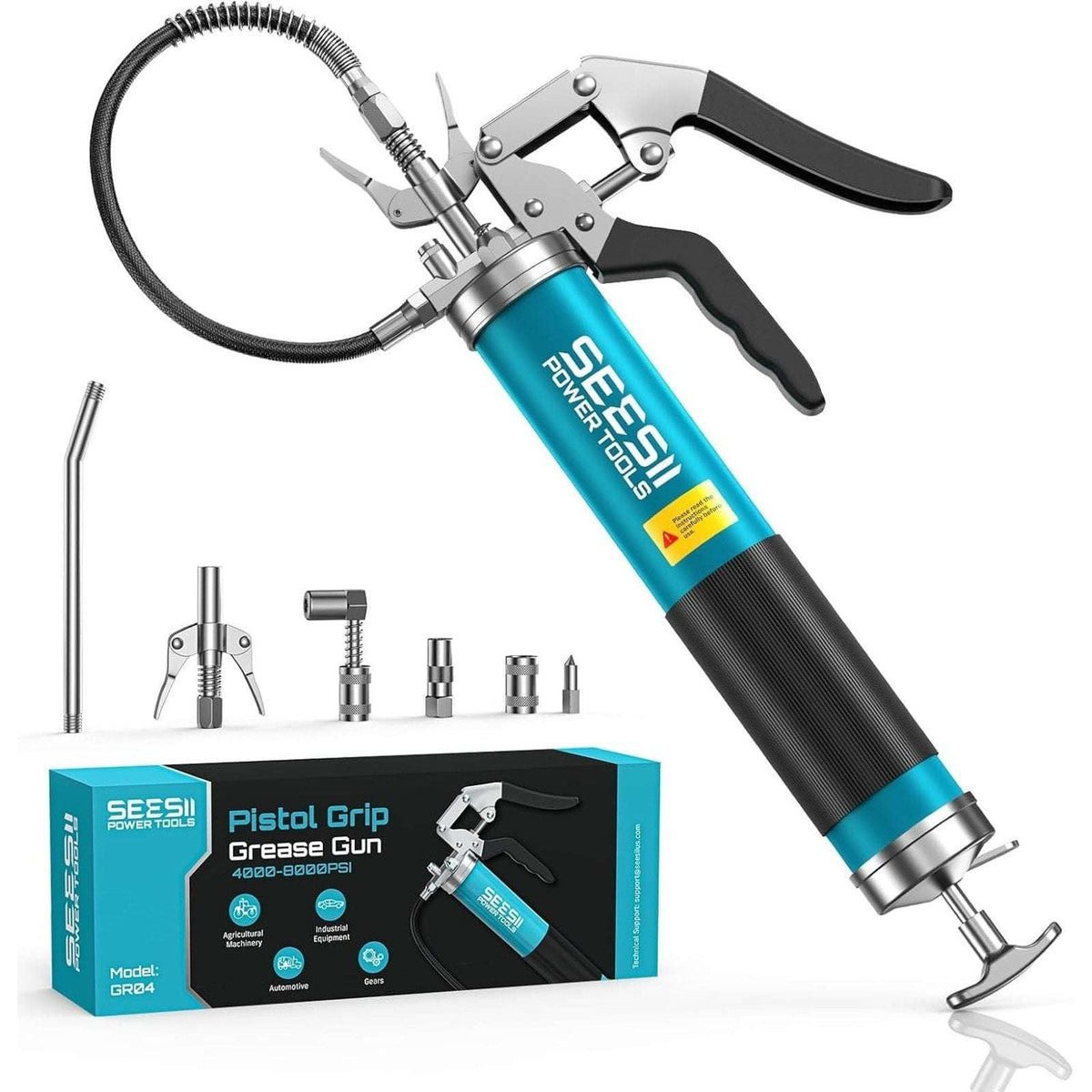 8000PSI Heavy Duty Pistol Grip Grease Gun Kit 90°Adapter Flex Hose 14oz Capacity