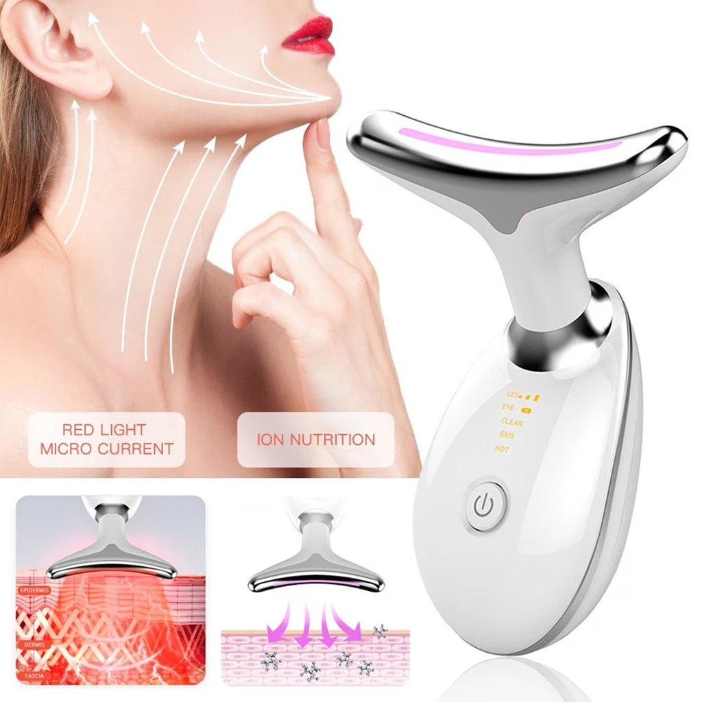 7-Color Anti-Aging Firming Face & Neck Massager w Heat EMS Red Light Beauty Devi