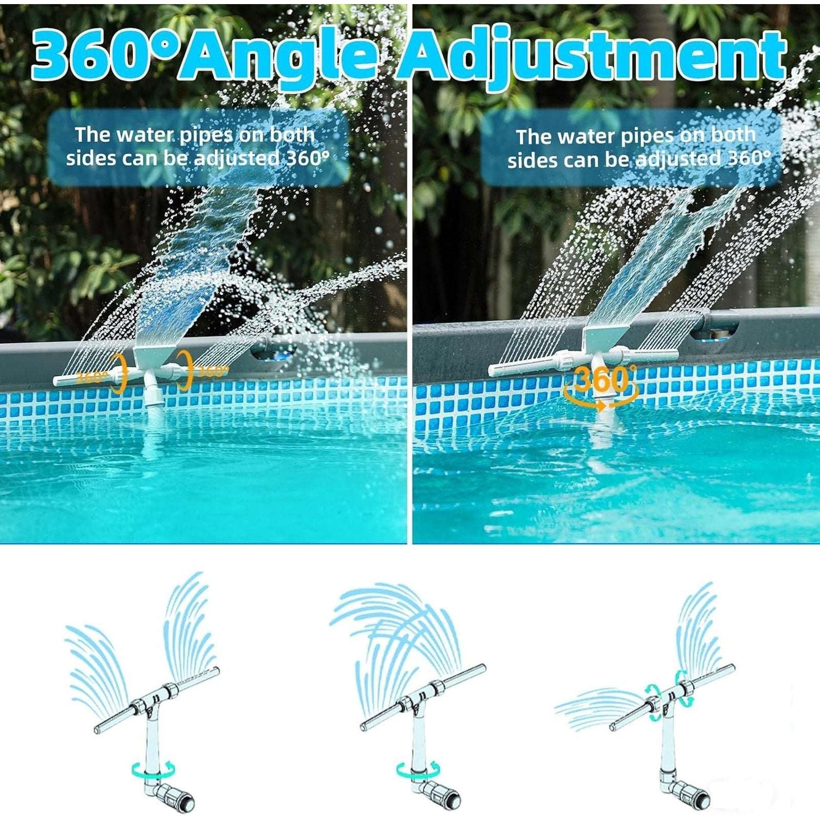 3-Head/2 Mode Pool Waterfall Sprinkler Fountain 360° Adjustable Above/In Ground