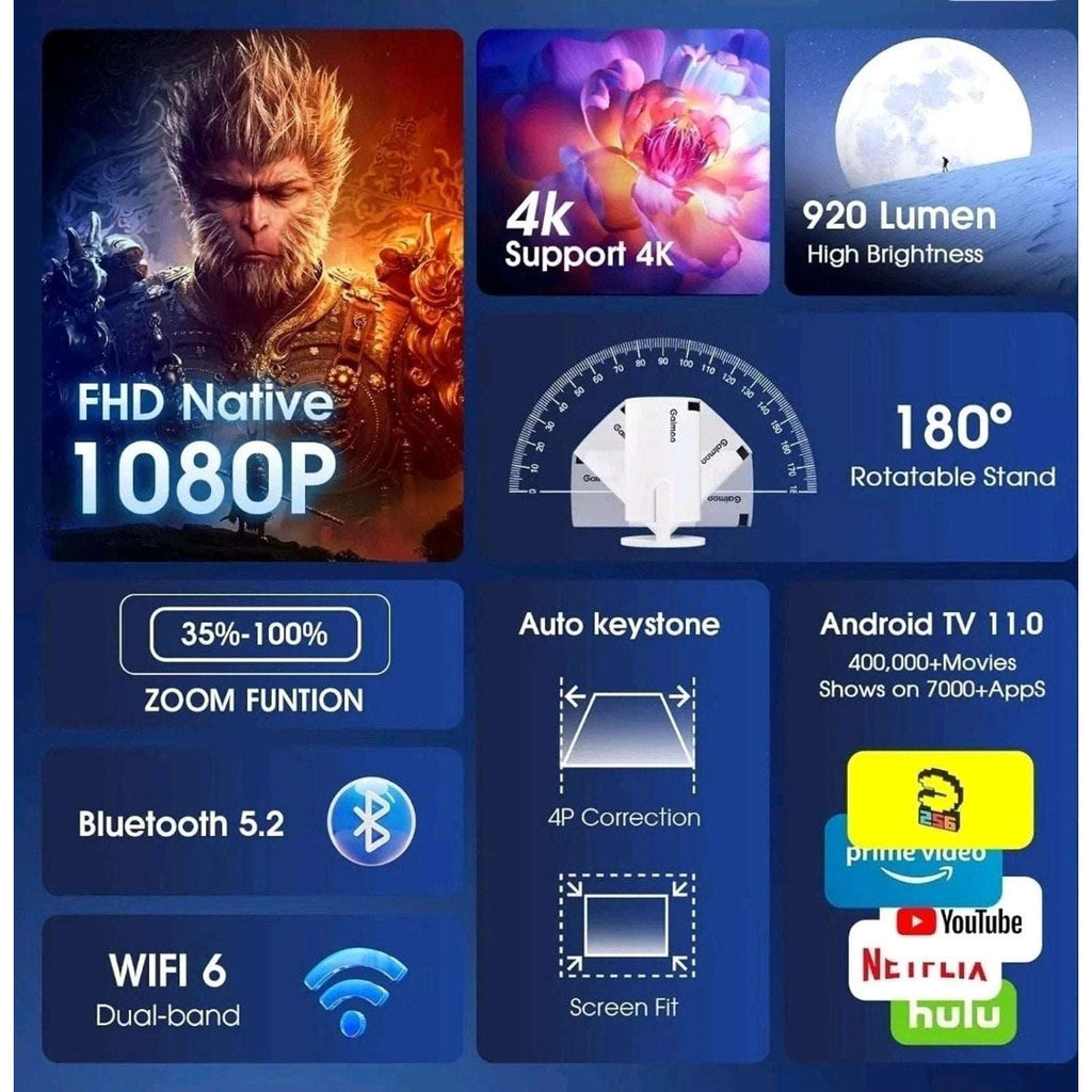 Gaimoo 1080P FHD 4K Home Theater Projector WiFi Bluetooth w Mouse, Remote Bundle