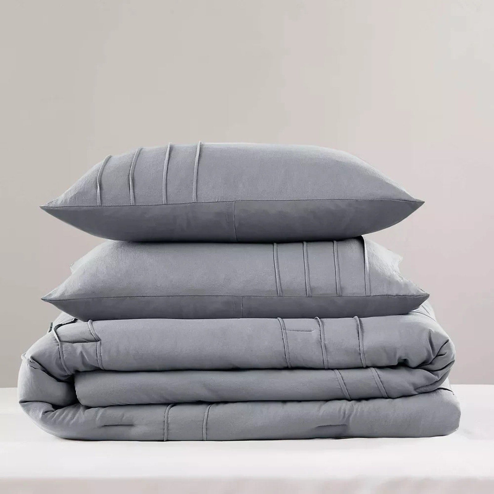 King Size 3PC PORTER Soft Washed Cotton Pinch Pleated Duvet Set Slate Gray/Blue