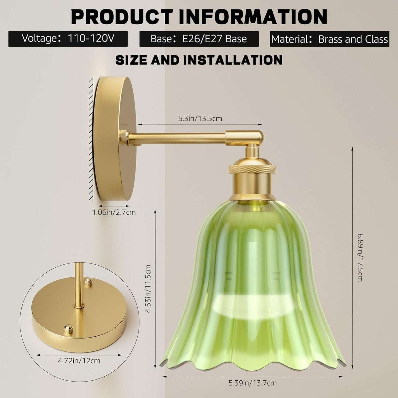 2Pc Vtg Wireless Wall Sconce Green Tulip Glass & Gold w Remote Rechargeable Bulb