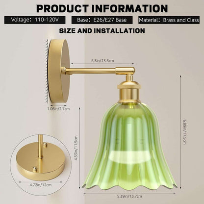 2Pc Vtg Wireless Wall Sconce Green Tulip Glass & Gold w Remote Rechargeable Bulb