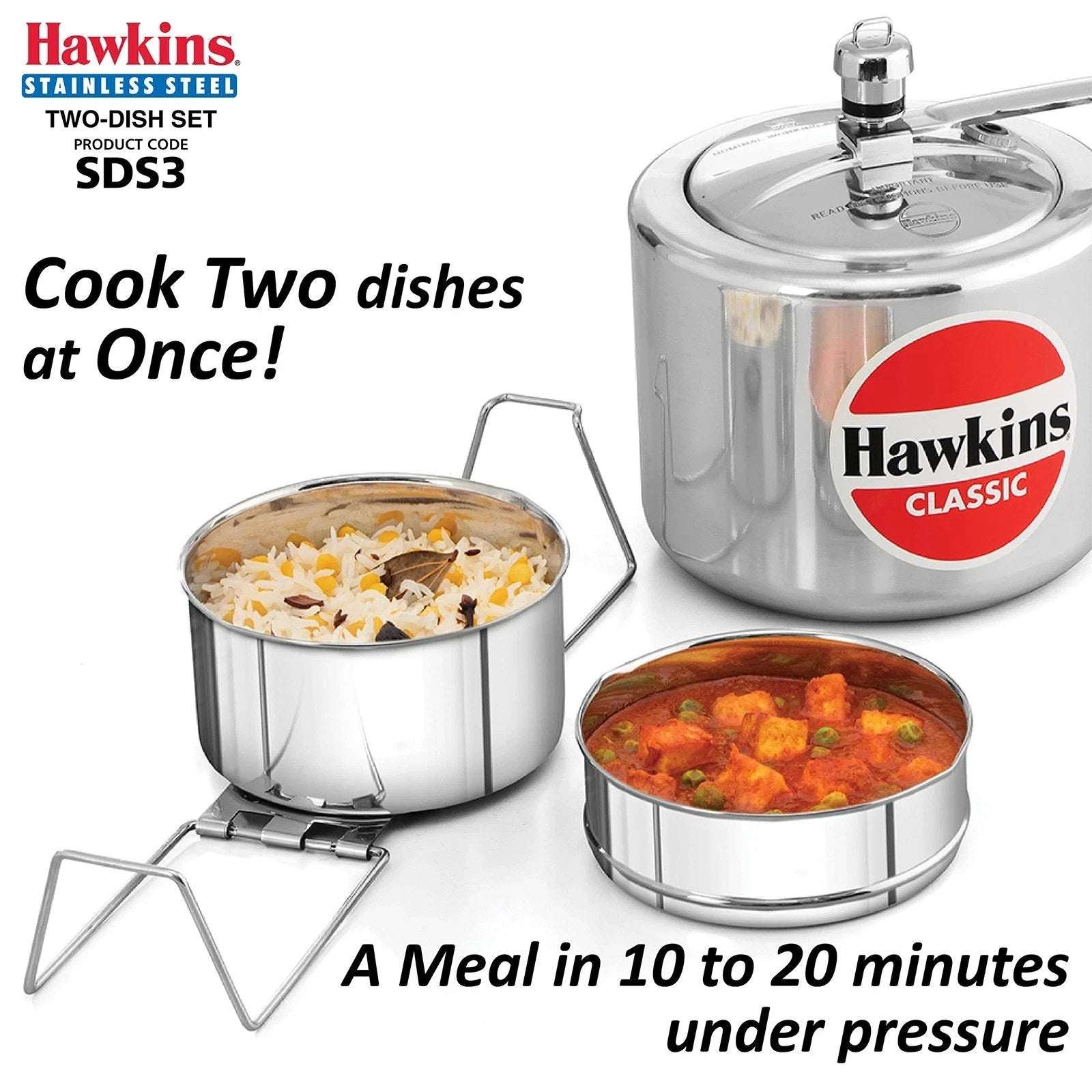 Hawkins Two-Dish Stainless Steel Set, Pressure Cooker 2 Pan Insert Multi-Cooker