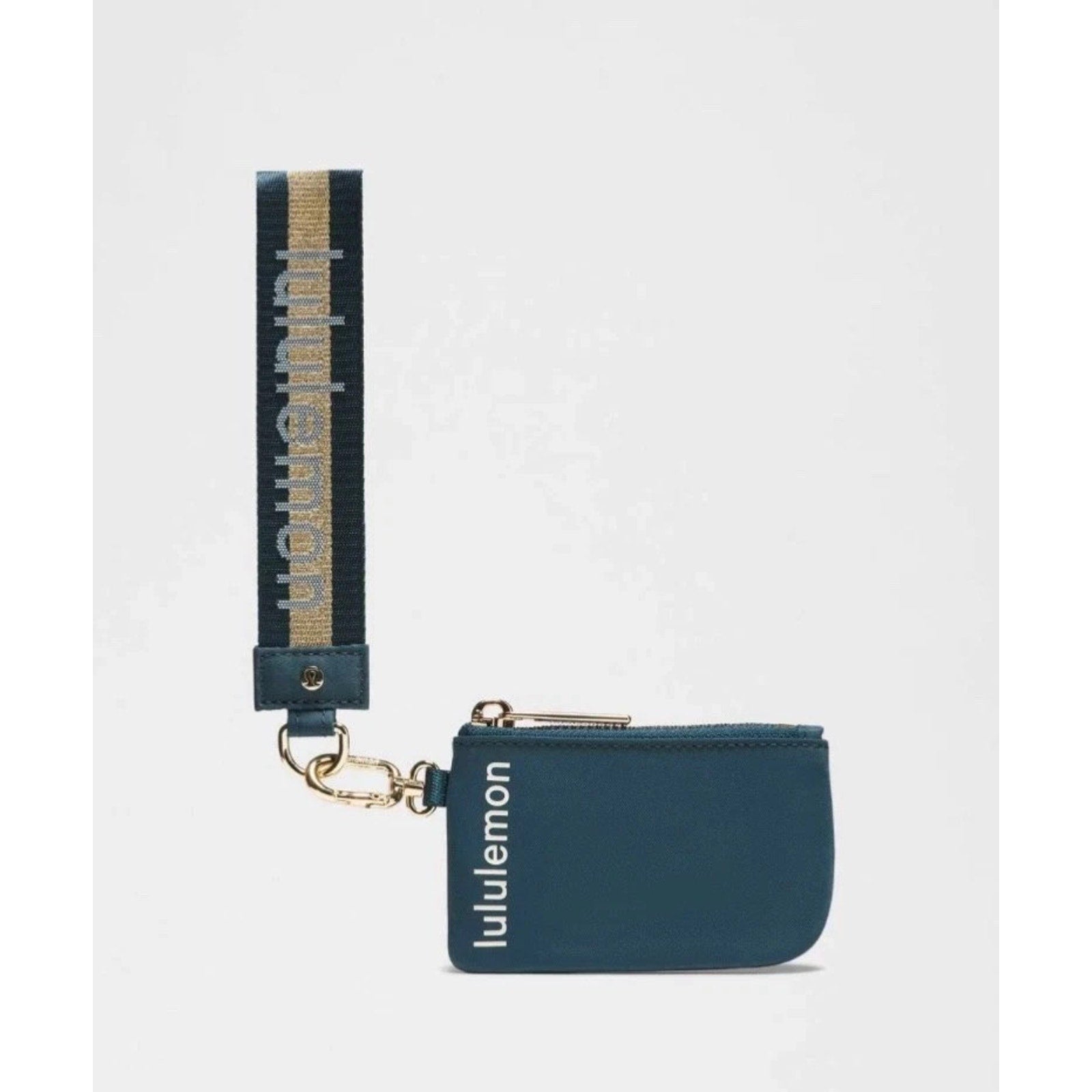 NWT Lululemon Dual Pouch Wristlet Wallet Keychain Wordmark Warp Teal, Gold, Bone