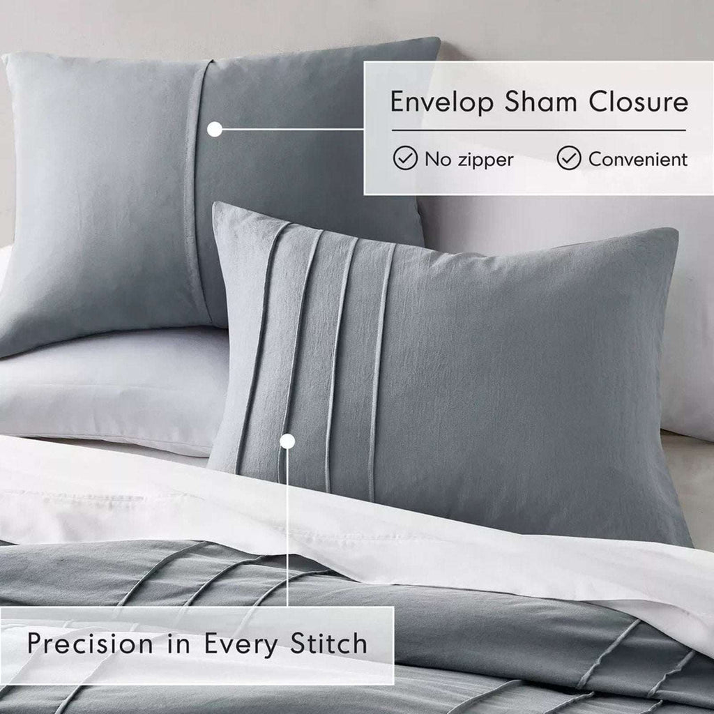 King Size 3PC PORTER Soft Washed Cotton Pinch Pleated Duvet Set Slate Gray/Blue