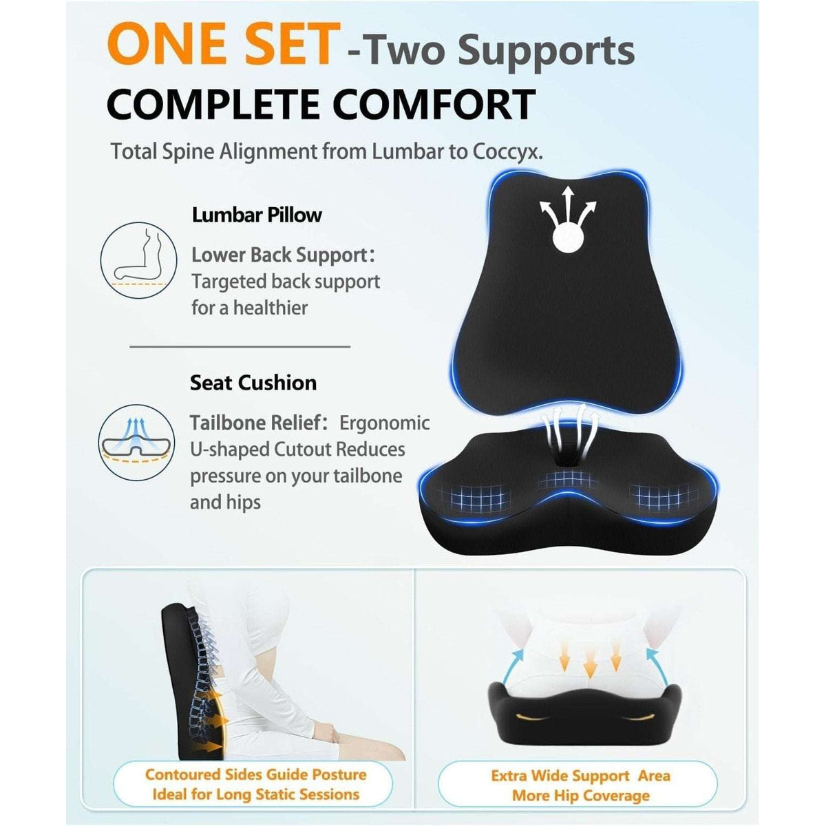 Ergonomic Memory Foam Back Support Pillow & Seat Cushion Lumbar to Coccyx Relief