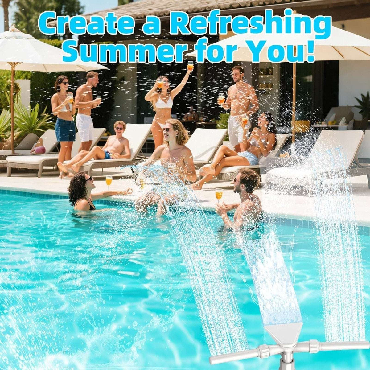 3-Head/2 Mode Pool Waterfall Sprinkler Fountain 360° Adjustable Above/In Ground