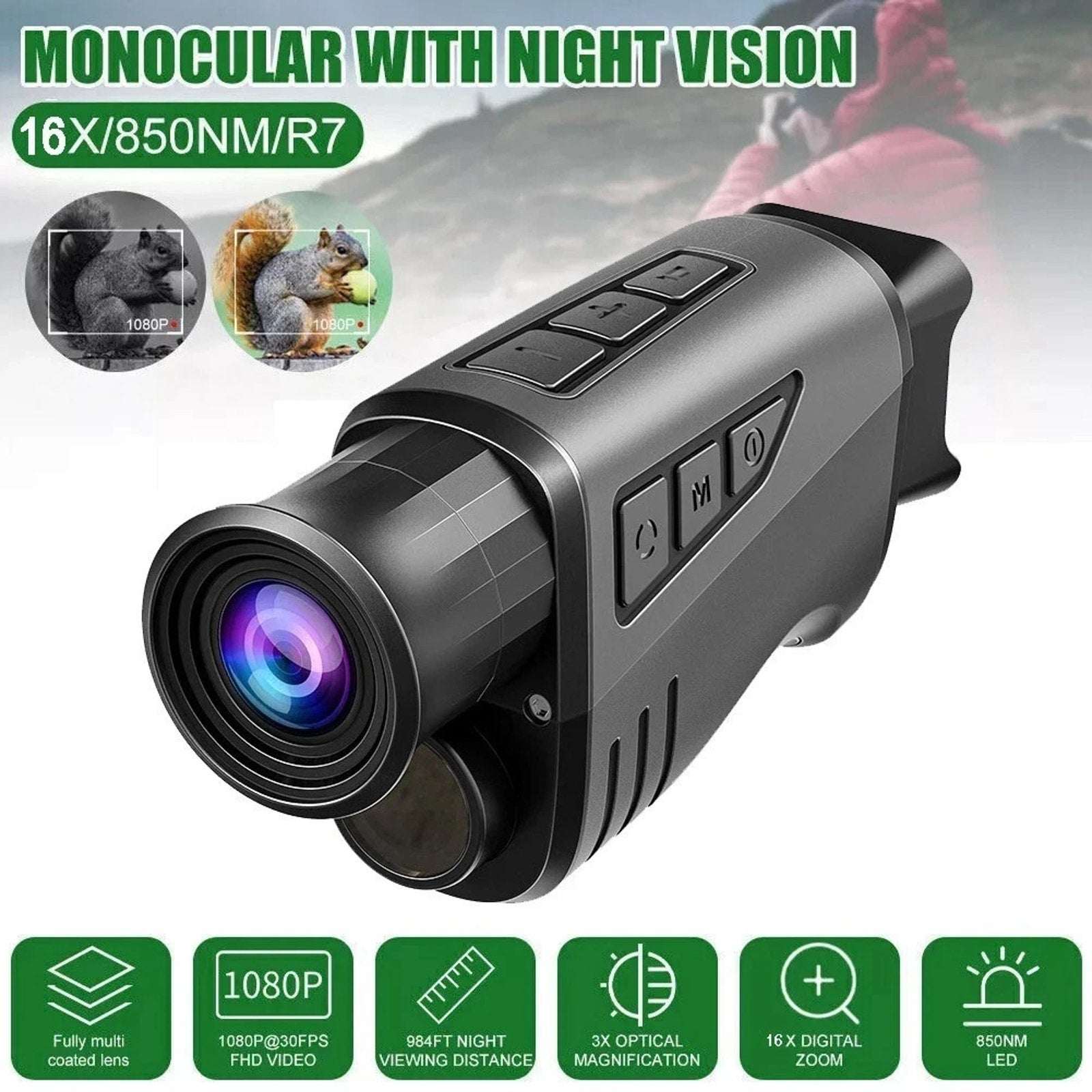 1080P Night Vision Monocular 16X Digital Zoom Infrared IR Goggles 12MP Hunting