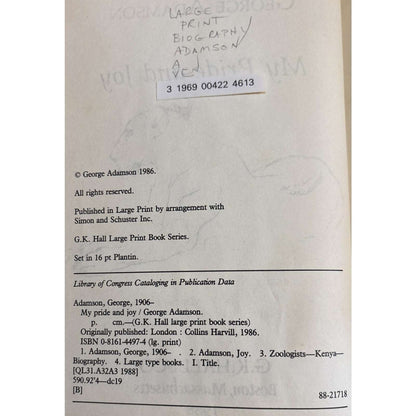 My Pride and Joy: An Autobiography George Adamson HC 1988 Ex-Library Large Print