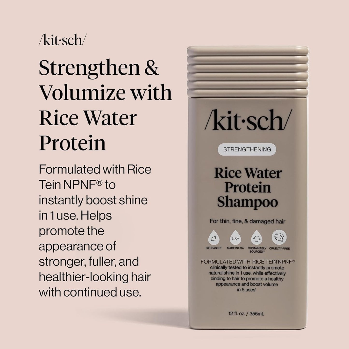 Kitsch Strengthening Rice Water Protein Shampoo Thin, Fine & Damaged Hair 12.3oz