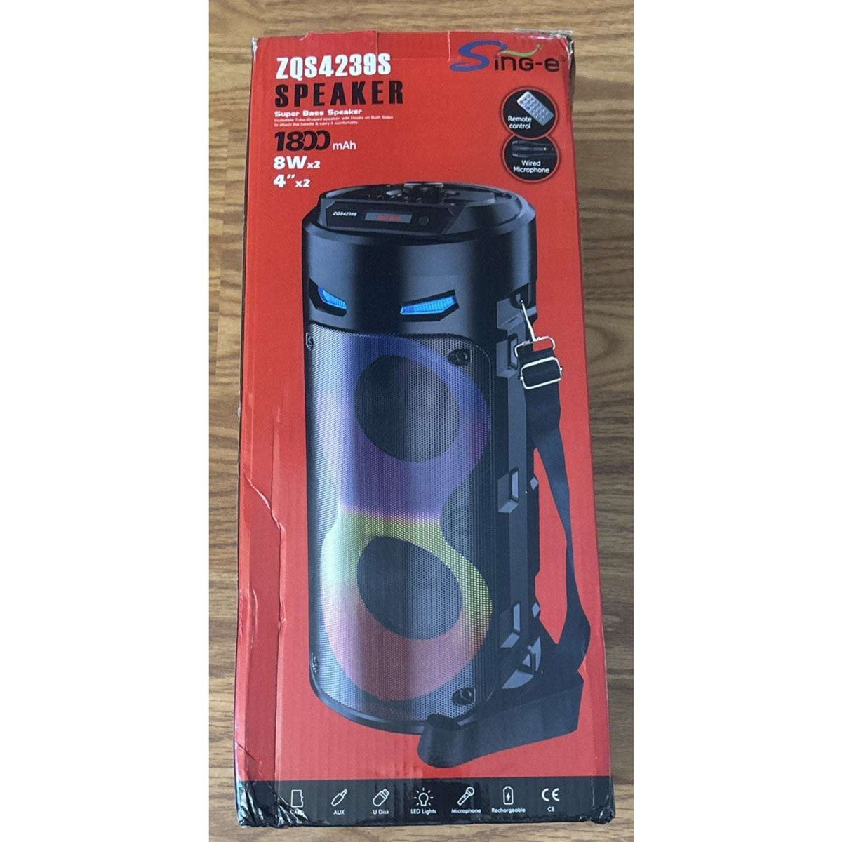 Sing-e ZQS4239S Portable Super Bass LED Speaker w/ Remote, USB/AUX, 1800mAh, Mic