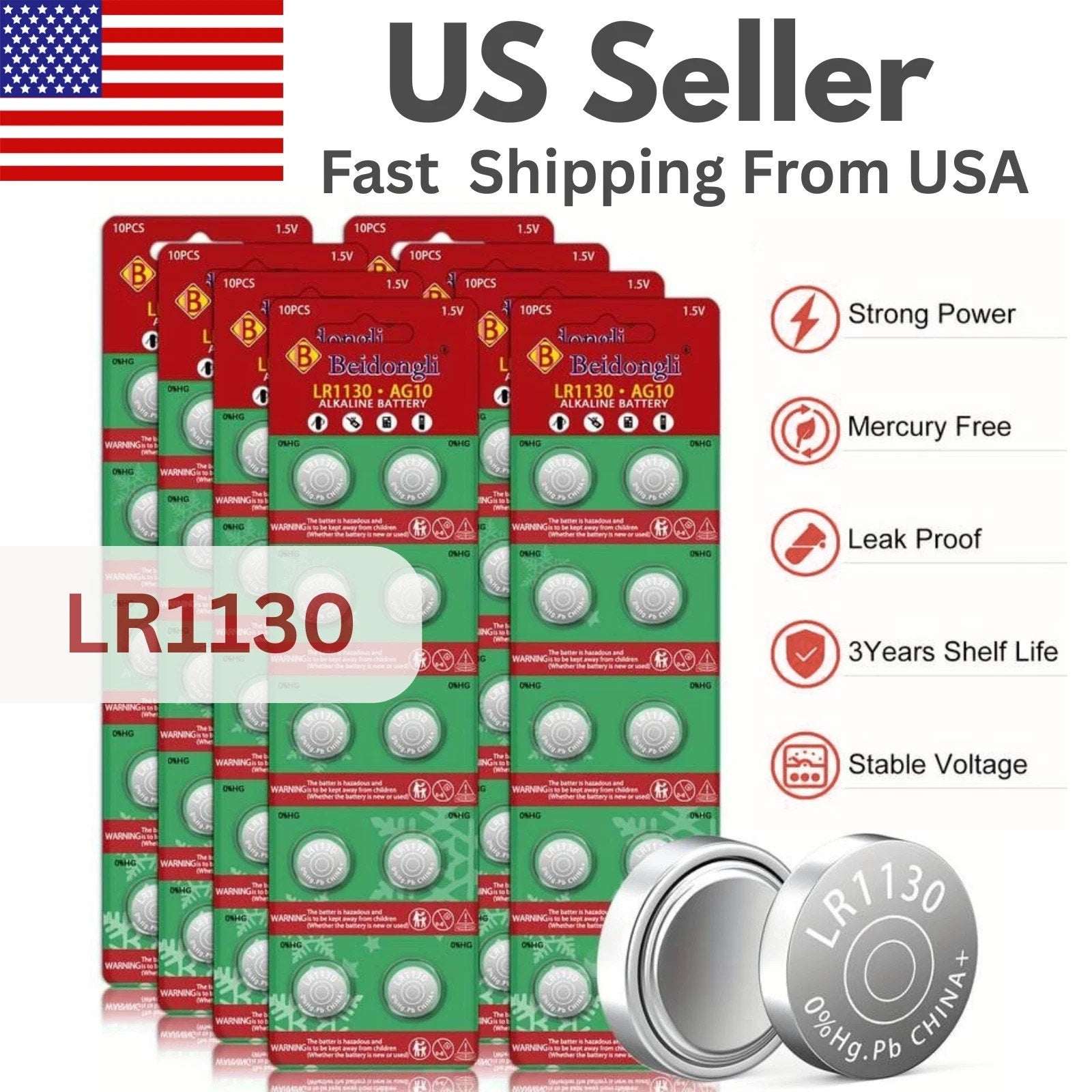 40 PCS AG10 LR1130 Cell Coin 1.5V LR54/SR1130/189/389 Alkaline Button Battery