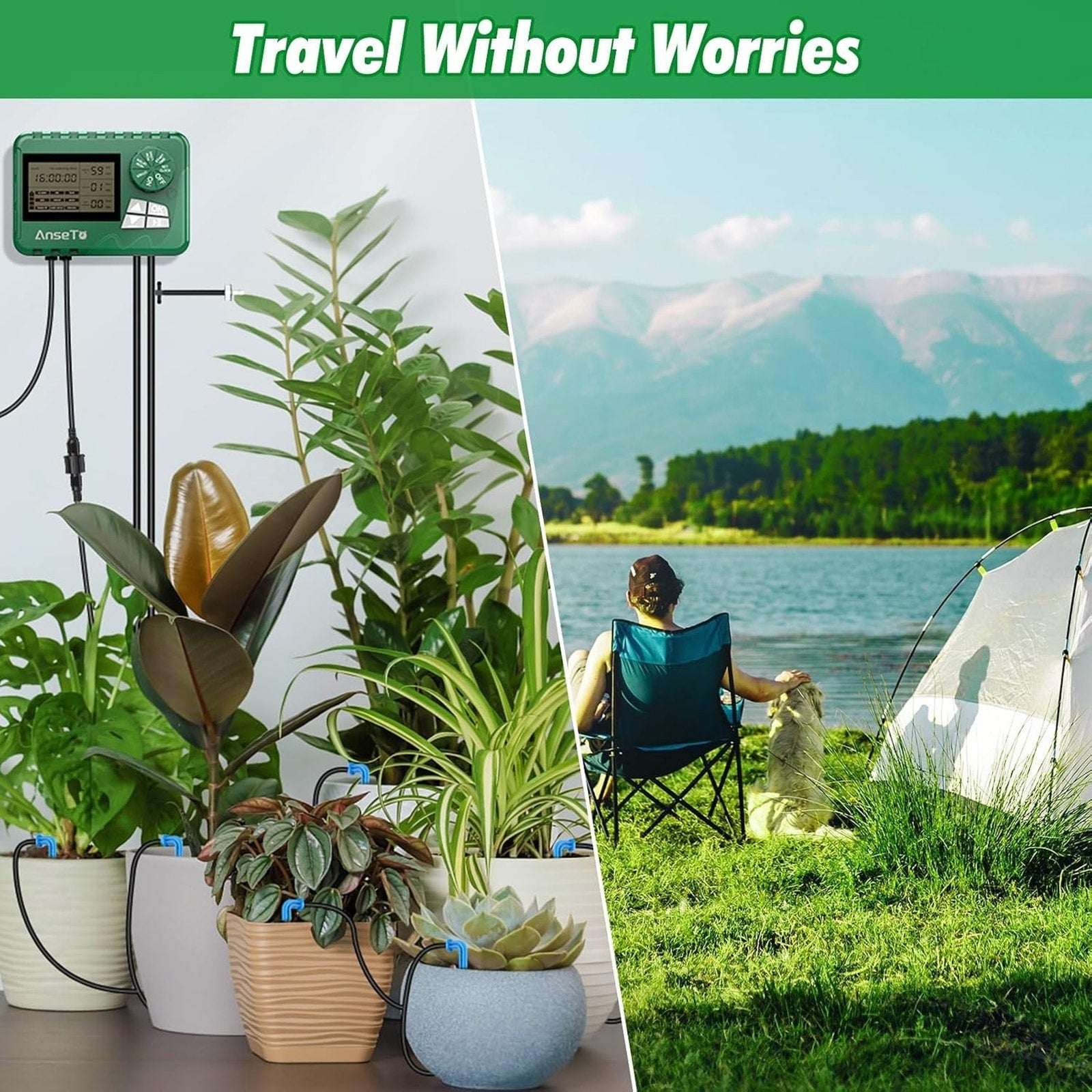 50' Automatic Drip Solar Irrigation System Plant Watering w/ Split Timer 15 Pots