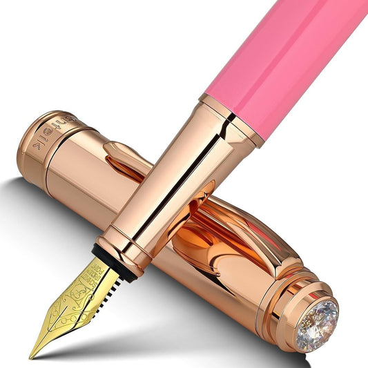 MCNTEIK Pink Fountain Pen, 8mm Brilliant diamond, Schmidt 18K Gilded Nib (Fine)