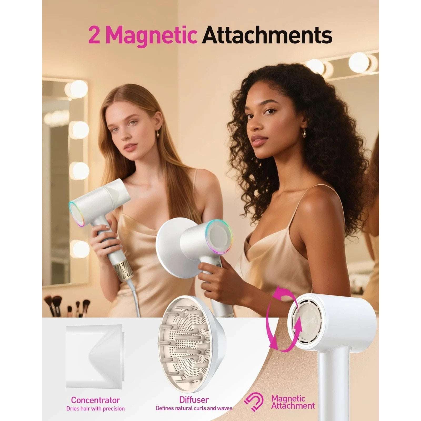 Zibtes High-Speed Hair Dryer with Magnetic Diffuser & Concentrator White/Gold