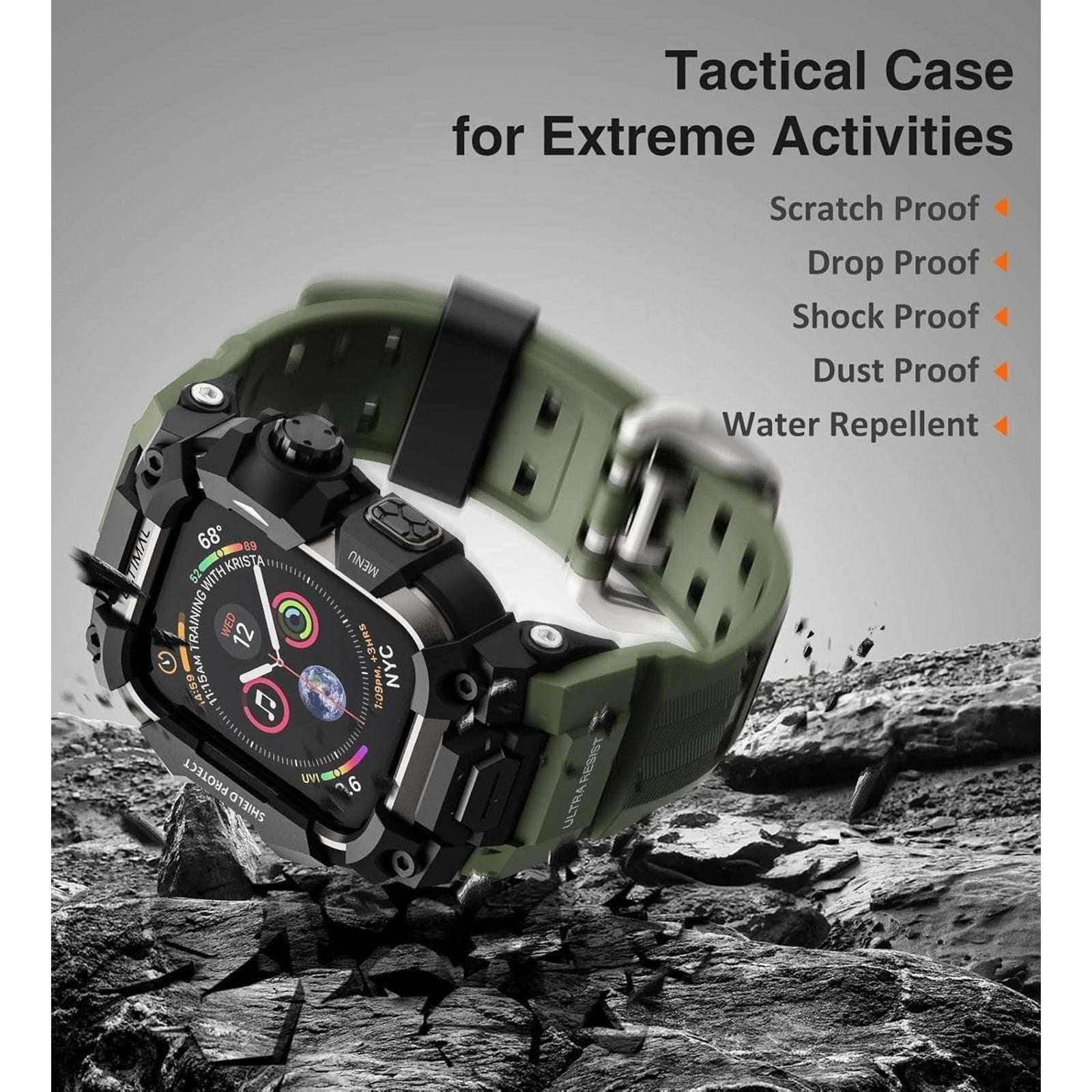 ULTIMAL Rugged Shockproof Case +Band for Apple Watch 45mm Series 9/8/7 ArmyGreen