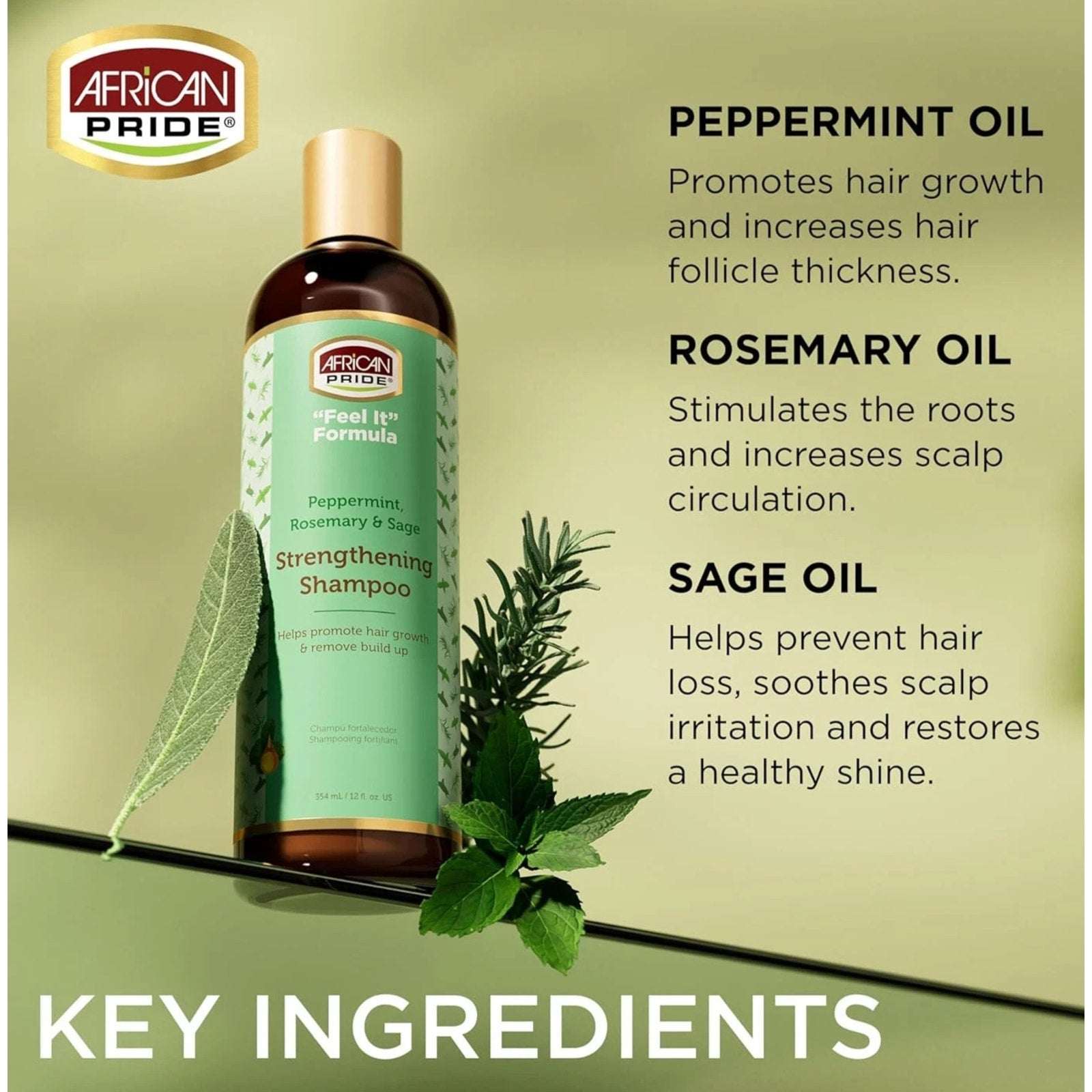 African Pride "Feel It" Peppermint, Rosemary & Sage Strengthening Shampoo 12floz
