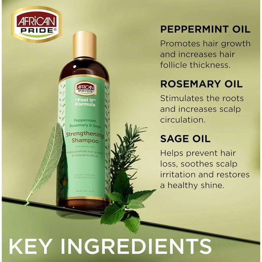 African Pride "Feel It" Peppermint, Rosemary & Sage Strengthening Shampoo 12floz