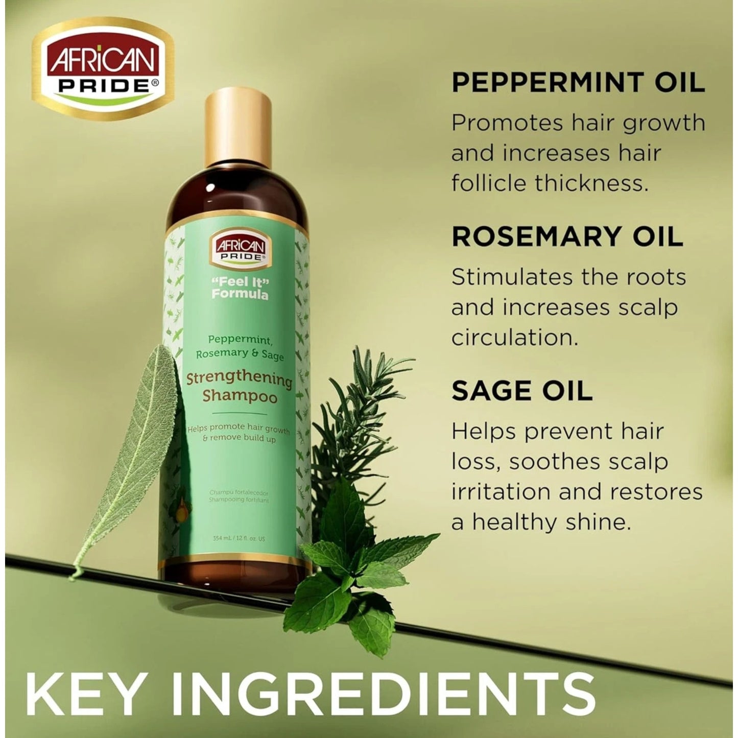 African Pride "Feel It" Peppermint, Rosemary & Sage Strengthening Shampoo 12floz