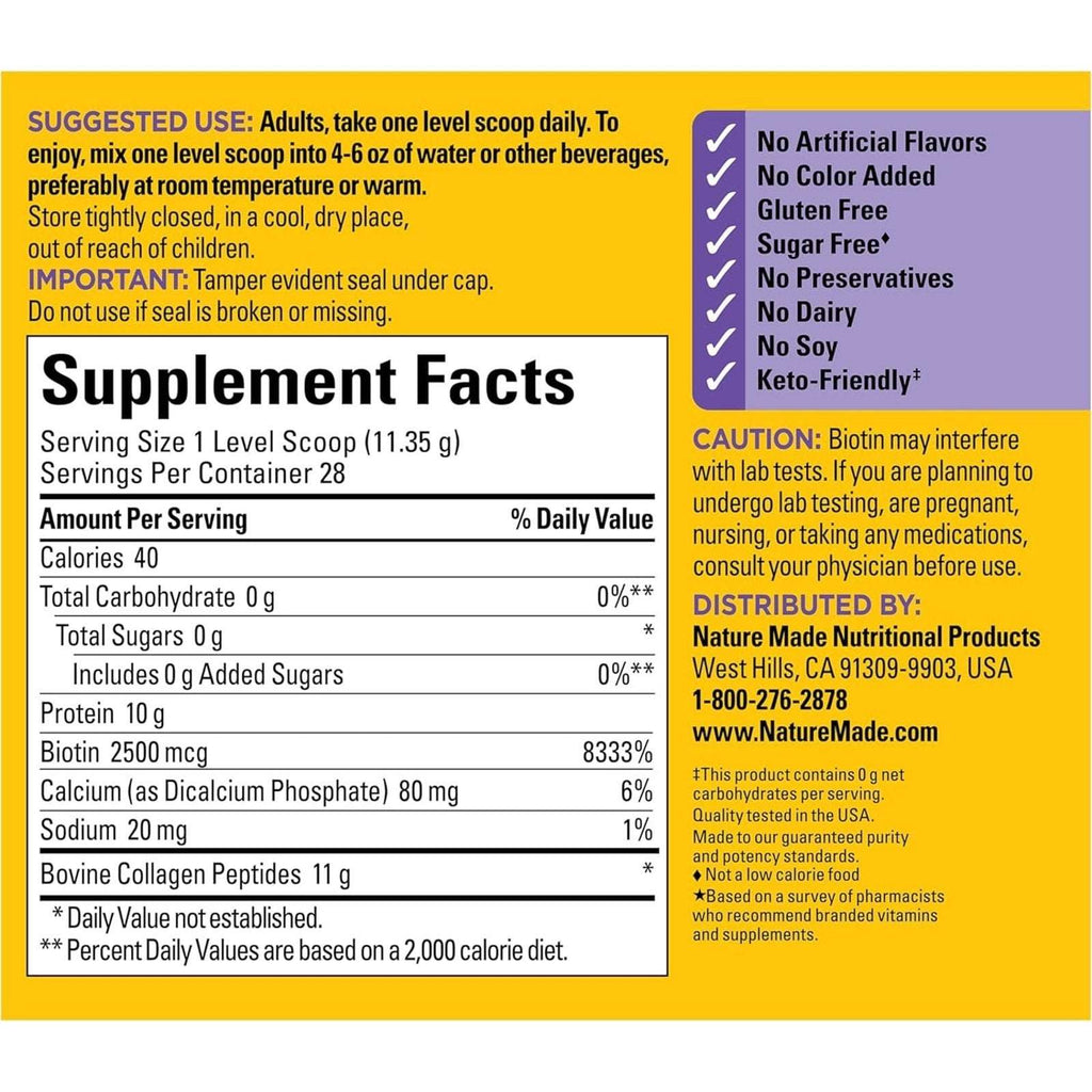 2x Nature Made Bovine Collagen Peptides Powder Types 1 & 3 +2500 mcg Biotin Keto