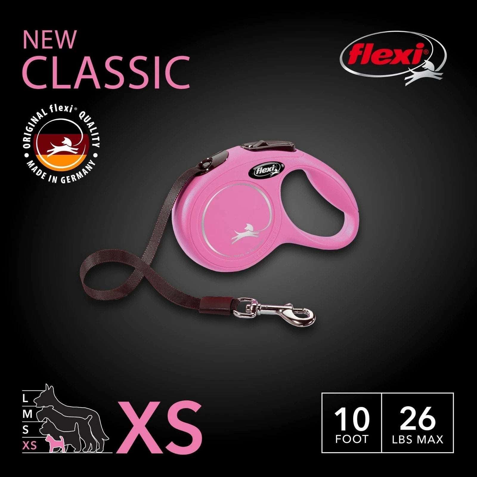 FLEXI New Classic Tape Retractable Dog Leash XS XSmall Pink 10ft Up to 26lbs