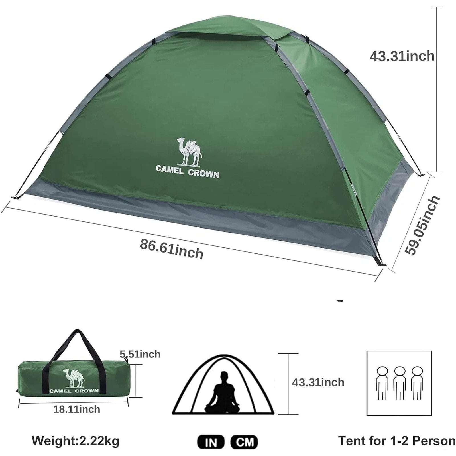 CAMEL CROWN Camping Tent Green/Grey 2 Person Waterproof Lightweight Quick Setup