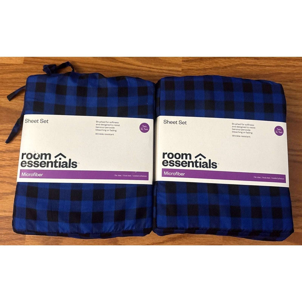 2 Sets Room Essentials Blue & Black Buffalo Plaid Microfiber Sheet Set Twin XL
