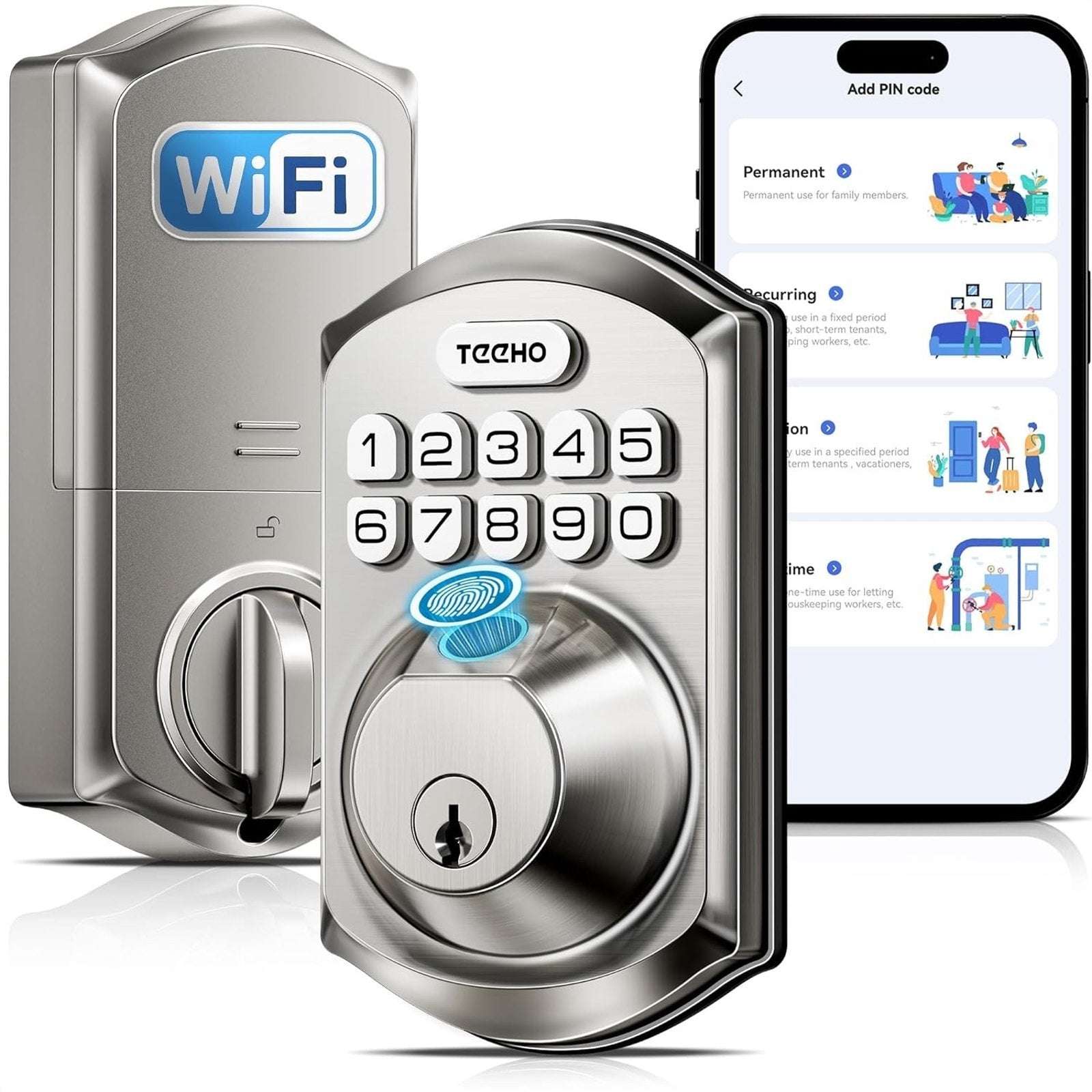 TEEHO Built-in WiFi Smart Lock TE012W Fingerprint Door Lock w App Control Remote