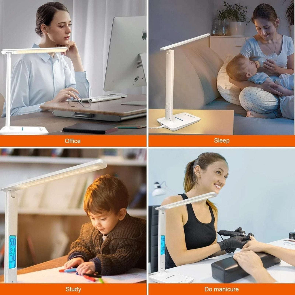 LED Desk Lamp w/ Wireless Charger & USB Charging 2 Devices @ Once Clock Calendar