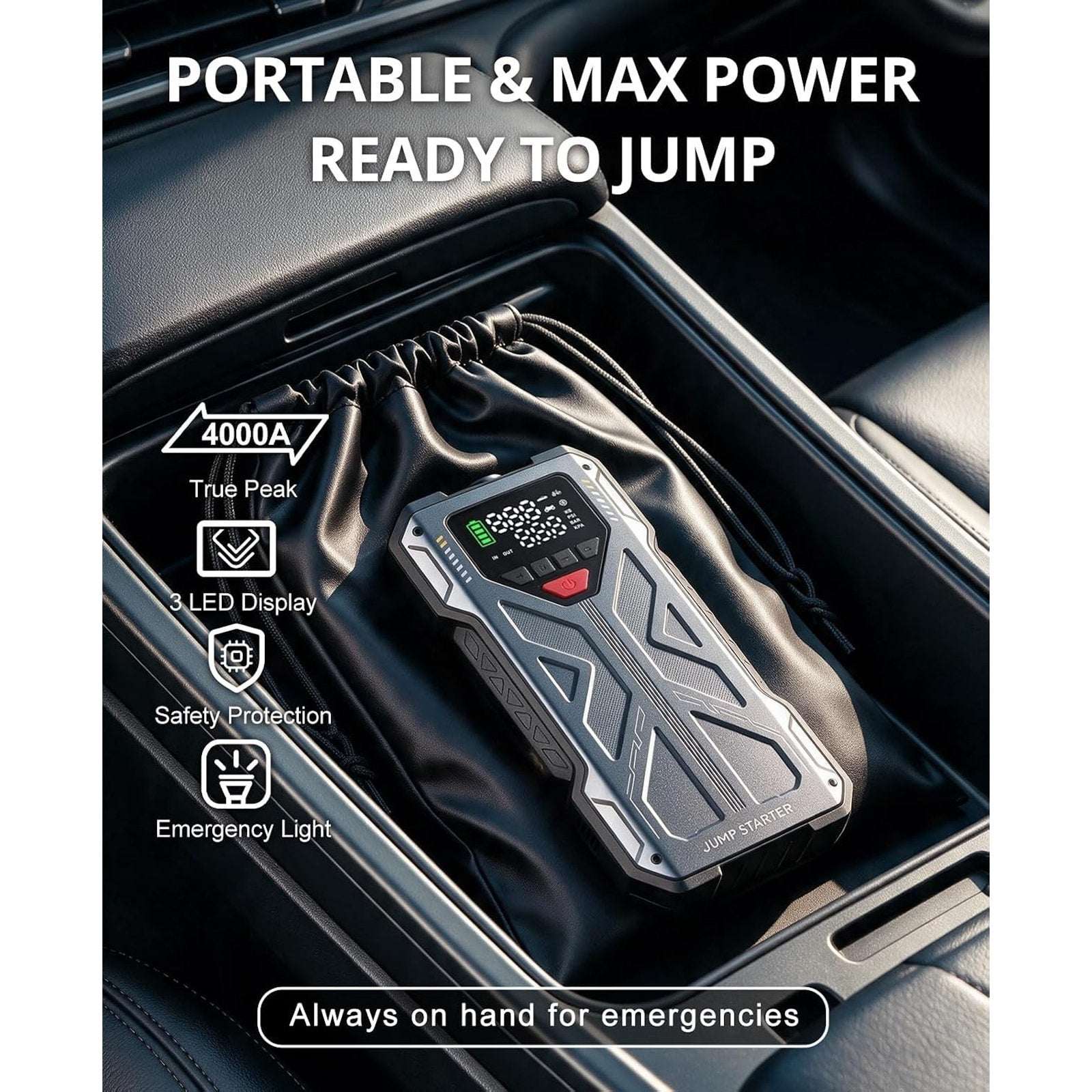 Portable Car 4000A 12V Battery Jump Starter, TPM, 150PSI Inflator, Power Bank +