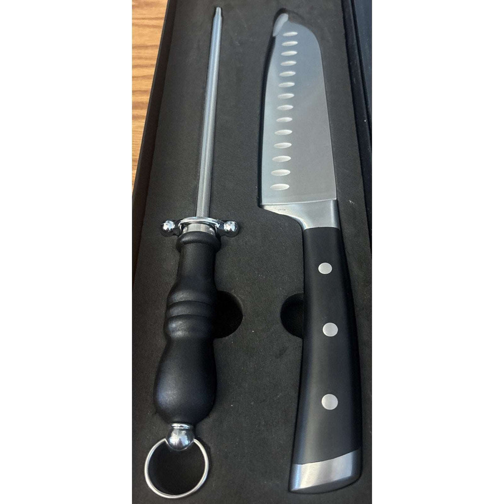 2Pc Classic 7" Hollow Edge Granton Santoku Knife and 8" Honing Rod Set