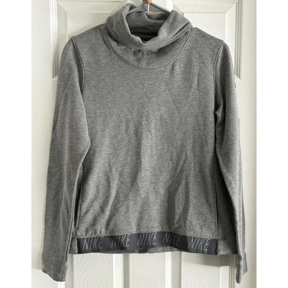 Nike Dri Fit Womens Turtleneck Long Sleeve Sweatshirt Spell Out Logo Gray Size S