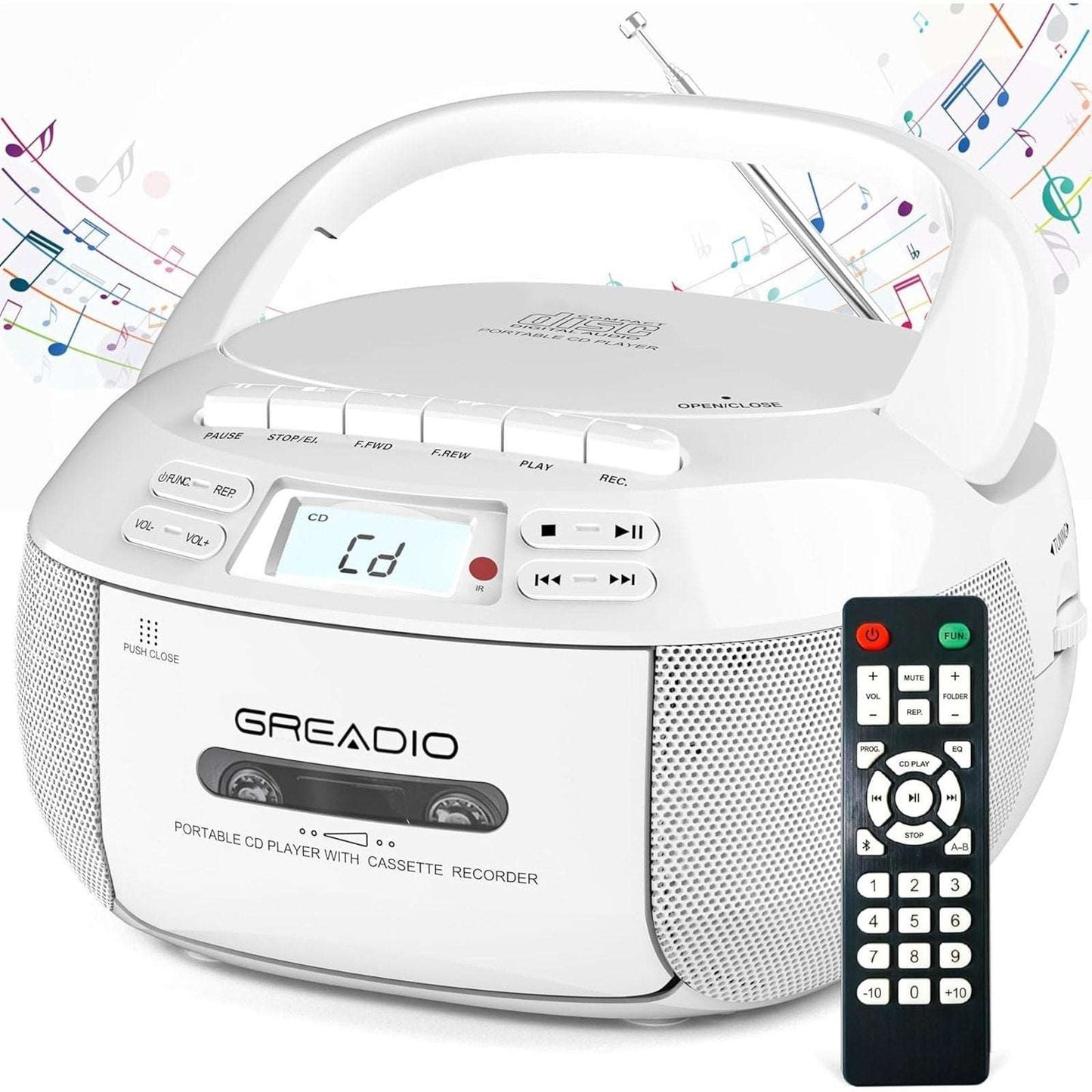 Greadio CD Player Boombox Cassette Player Combo Bluetooth, AM/FM Radio, Remote,